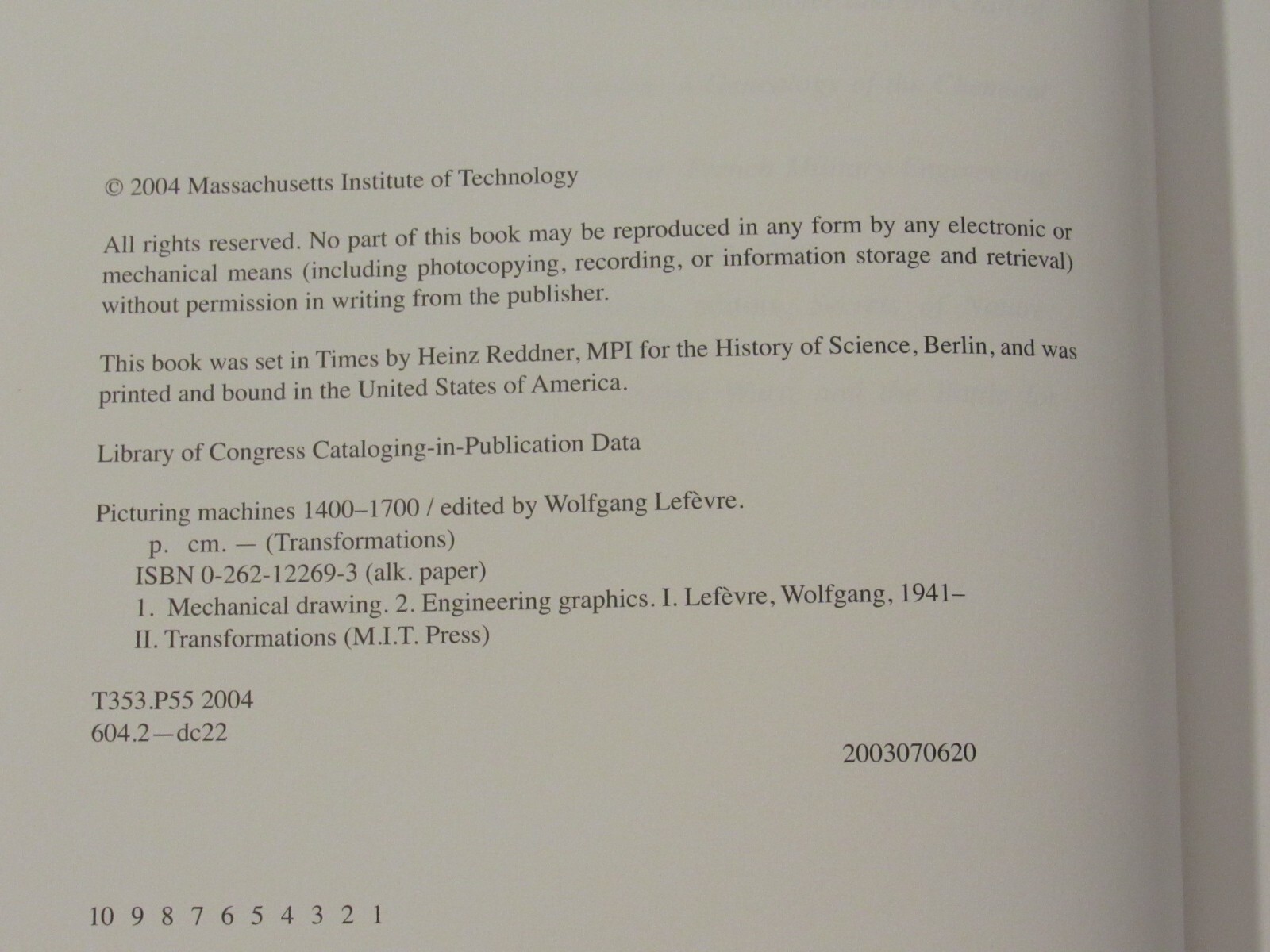 PICTURING MACHINES 1400-1700 Edited by Wolfgang Lefevre VERY GOOD CONDITION 2004