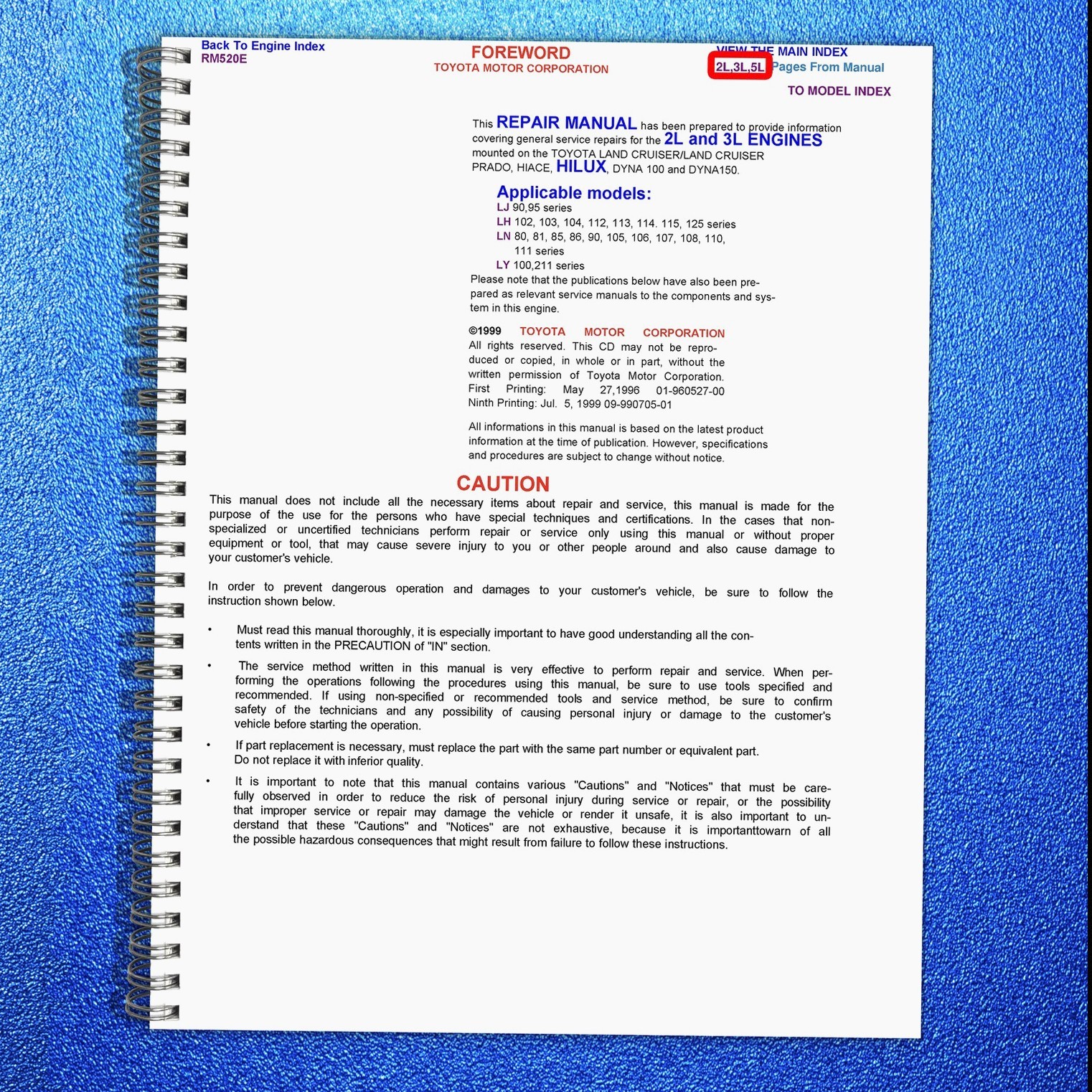 TOYOTA 2L 3L Diesel Engine Repair Manual 1999, EXTRA-DUTY BINDER, TOUGH COVERING