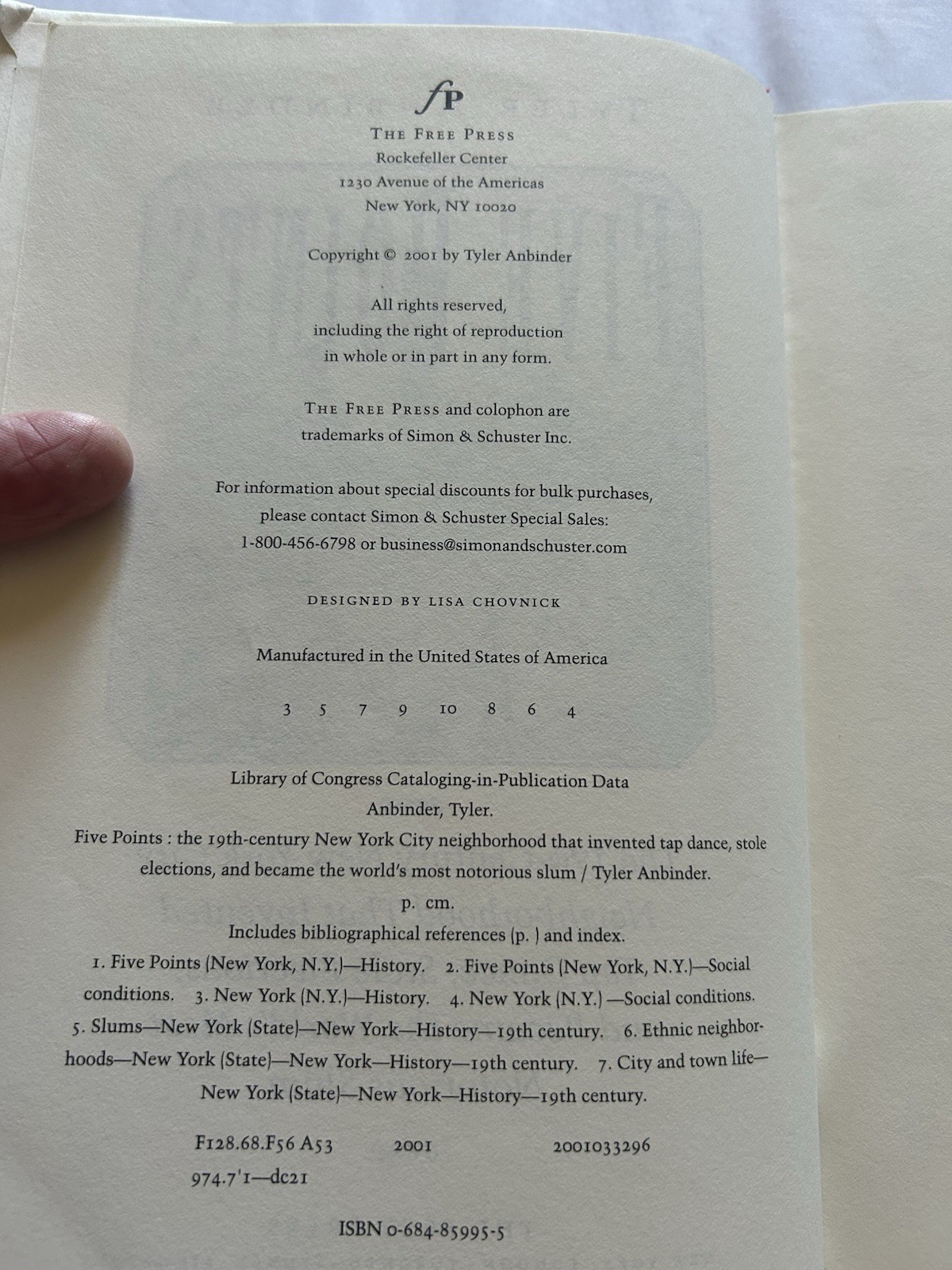 Five Points: The 19th Century NYC Nabe… By Tyler Anbinder 2001 HC No DJ VG
