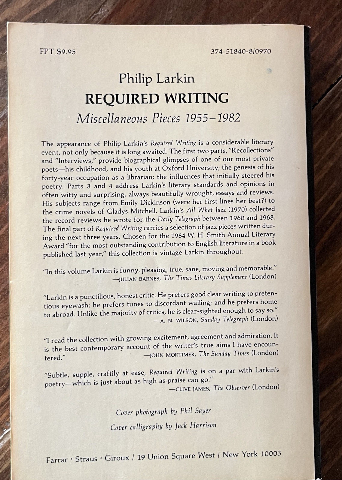 REQUIRED WRITING: MISCELLANEOUS PIECES 1955-1982 1984 Philip Larkin Softcover