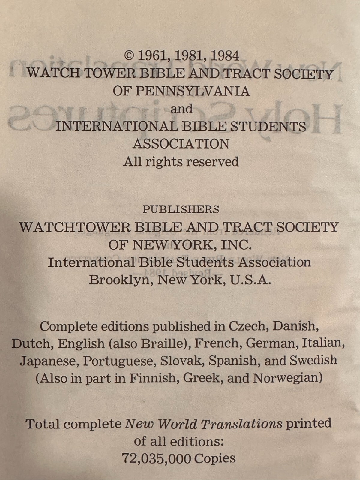 New World Translation of Holy Scriptures 1984 Watchtower Bible & Tract Society