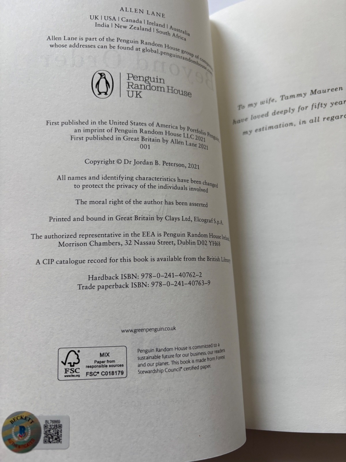 JORDAN B PETERSON SIGNED BEYOND ORDER 1ST HC BOOK 12 MORE RULES FOR LIFE JSA