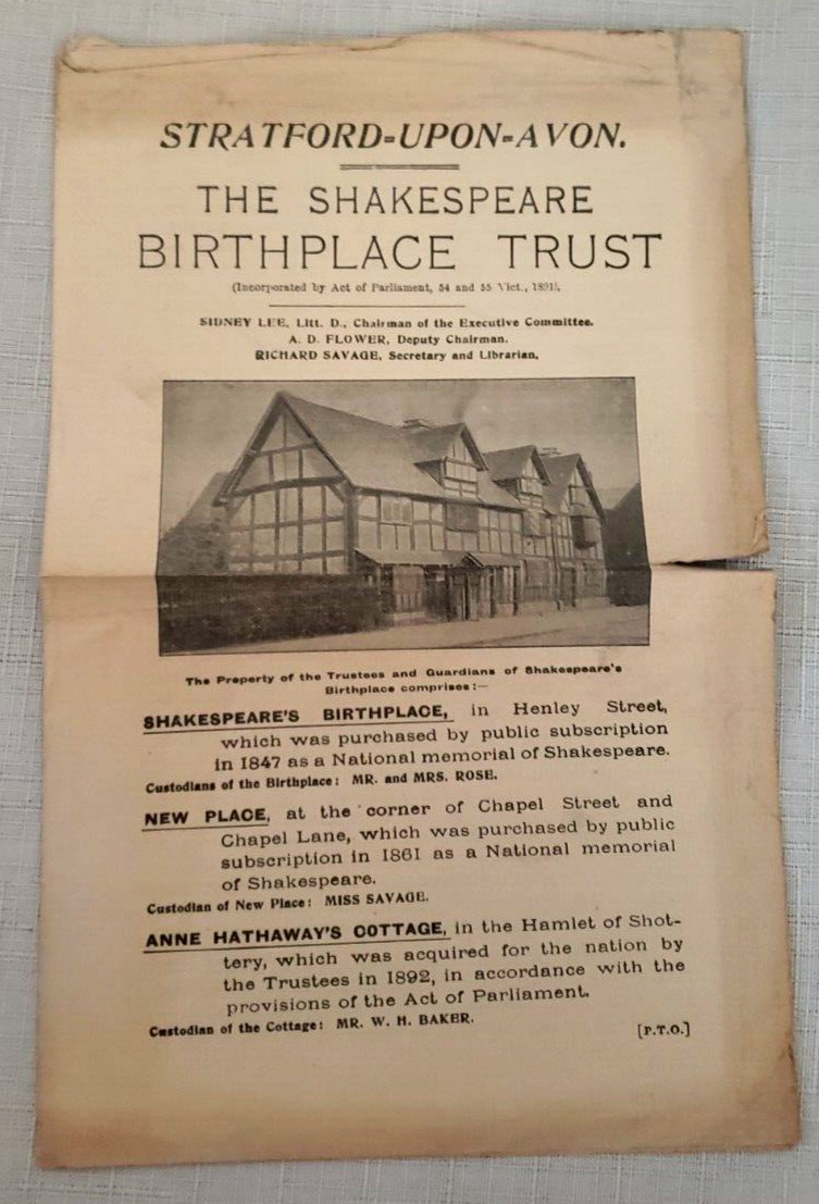 1910 CATALOGUE OF SHAKESPEARE BIRTHPLACE,Art,History, BIRTHPLACE Pamphlet/Ticket