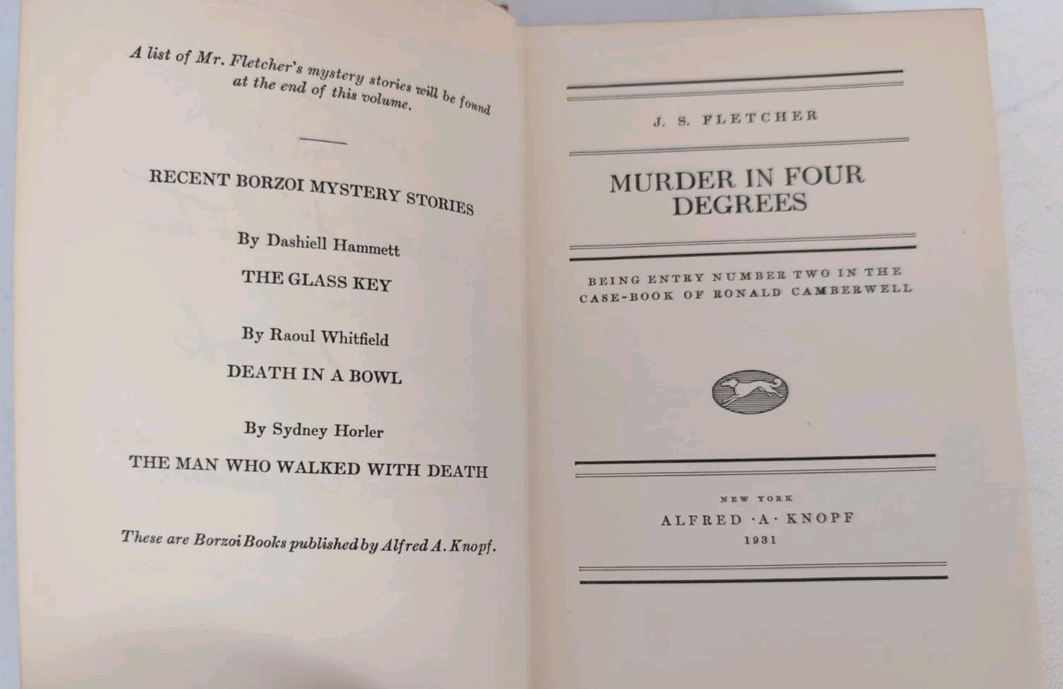 Murder In Four Degrees by J.S. Fletcher – 1931 HB First Ed – Alfred A. Knopf