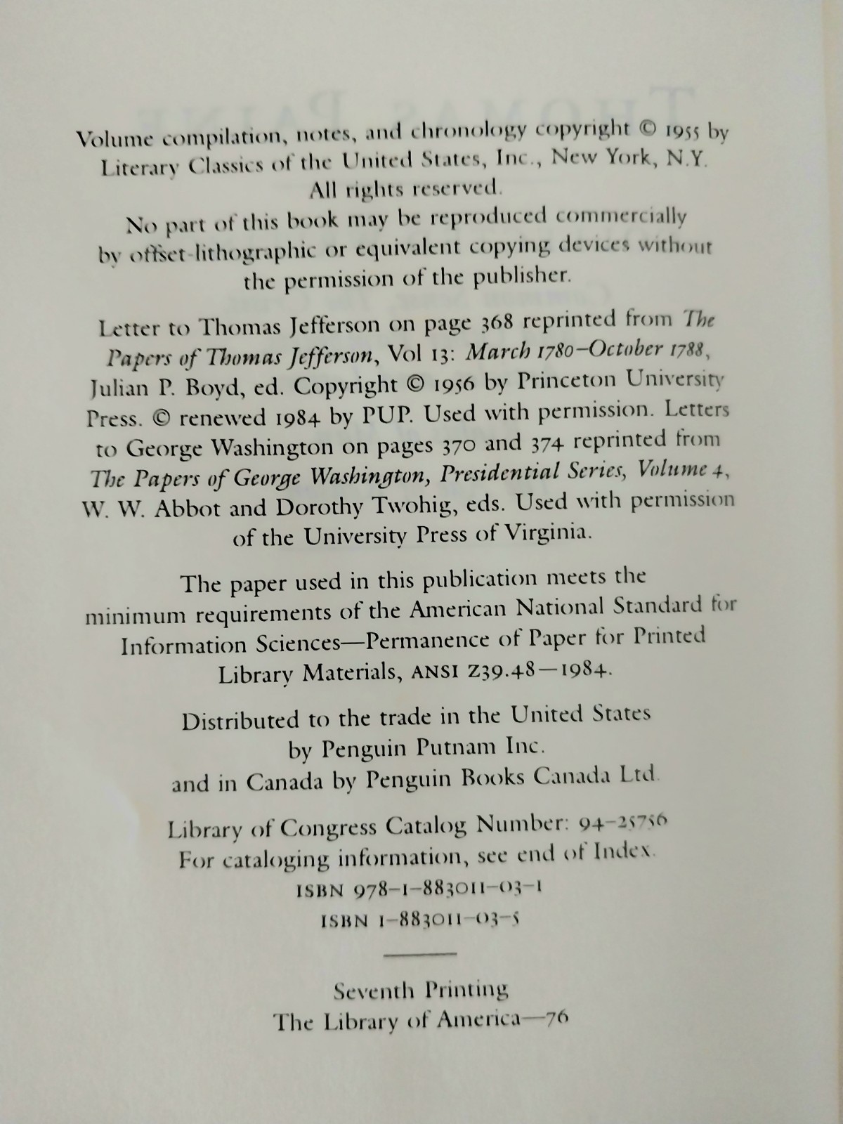 Thomas Paine – Collected Writings – The Library of America 7th Printing
