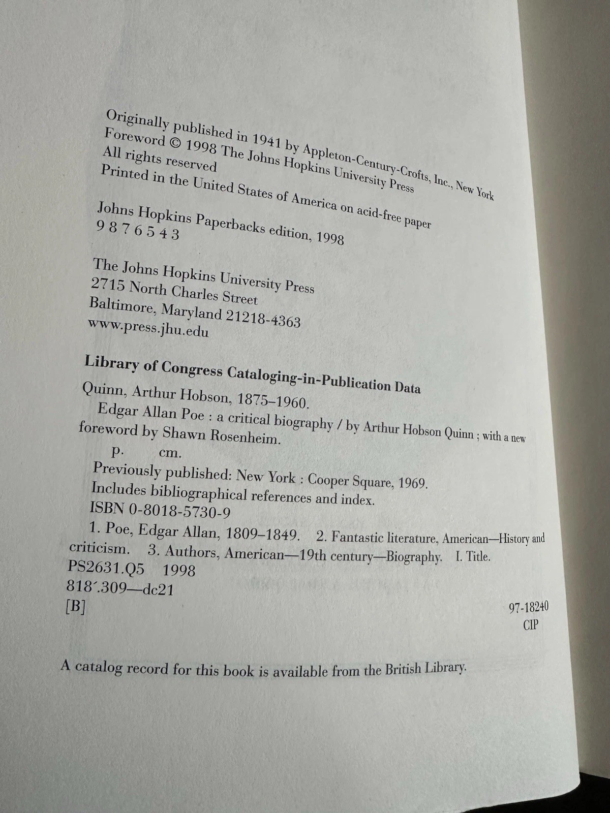 Arthur Hobson Quinn EDGAR ALLAN POE Paperback 1998 Good Vtg Biography