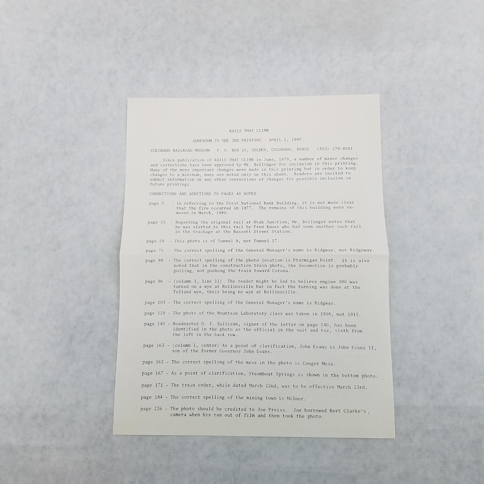 Rails That Climb: Narrative History of the Moffat Road w/ Foldout Map & Inserts