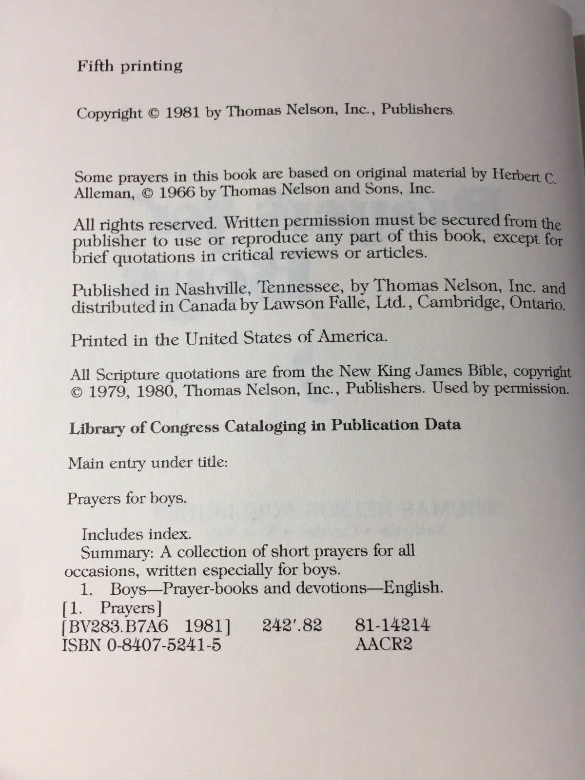 „PRAYERS FOR BOYS“ BOOK – 123 PAGES – 1981 – Pocket Size