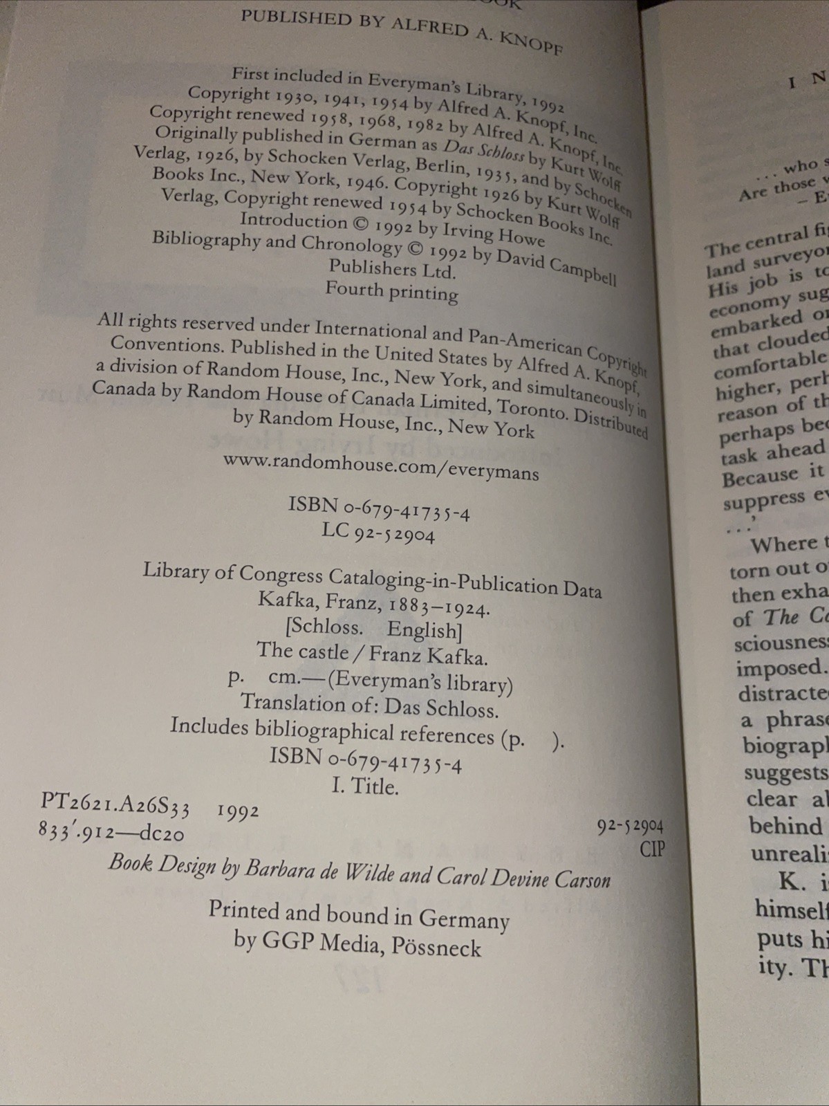 Franz Kafka The Castle : Introduction Irving Howe Everyman’s 1992, Hardcover