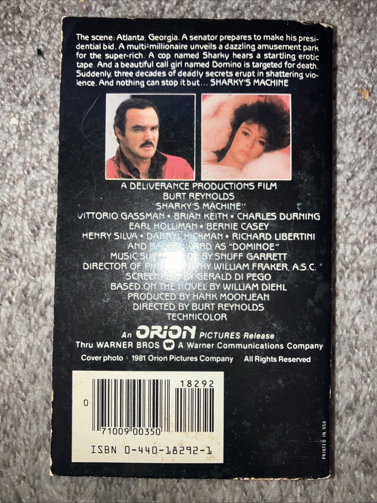 SHARKY’S MACHINE paperback book 1981 WILLIAM DIEHL Movie Tie-In BURT REYNOLDS