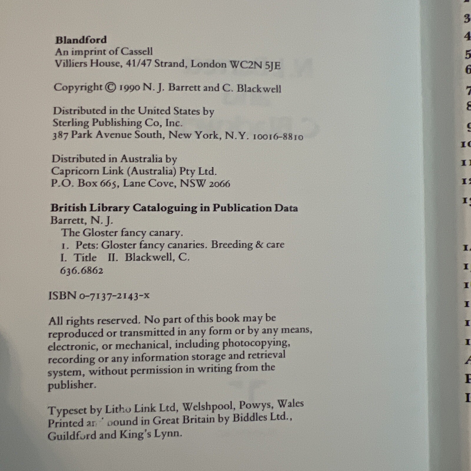 The Gloster Fancy Canary – Guide To Keeping, Breeding N.J. Barrett + C.Blackwell