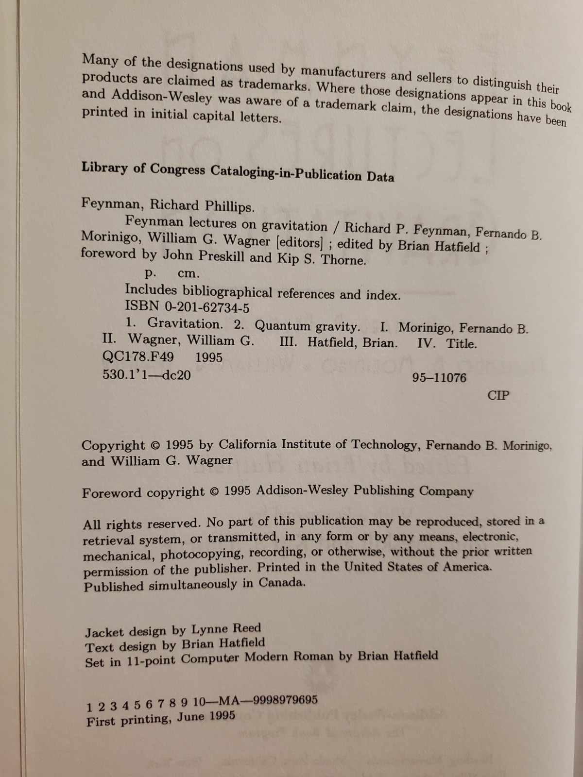 Feynman Lectures on Gravitation by Richard Feynman 1995 Hardcover DJ 1st Print