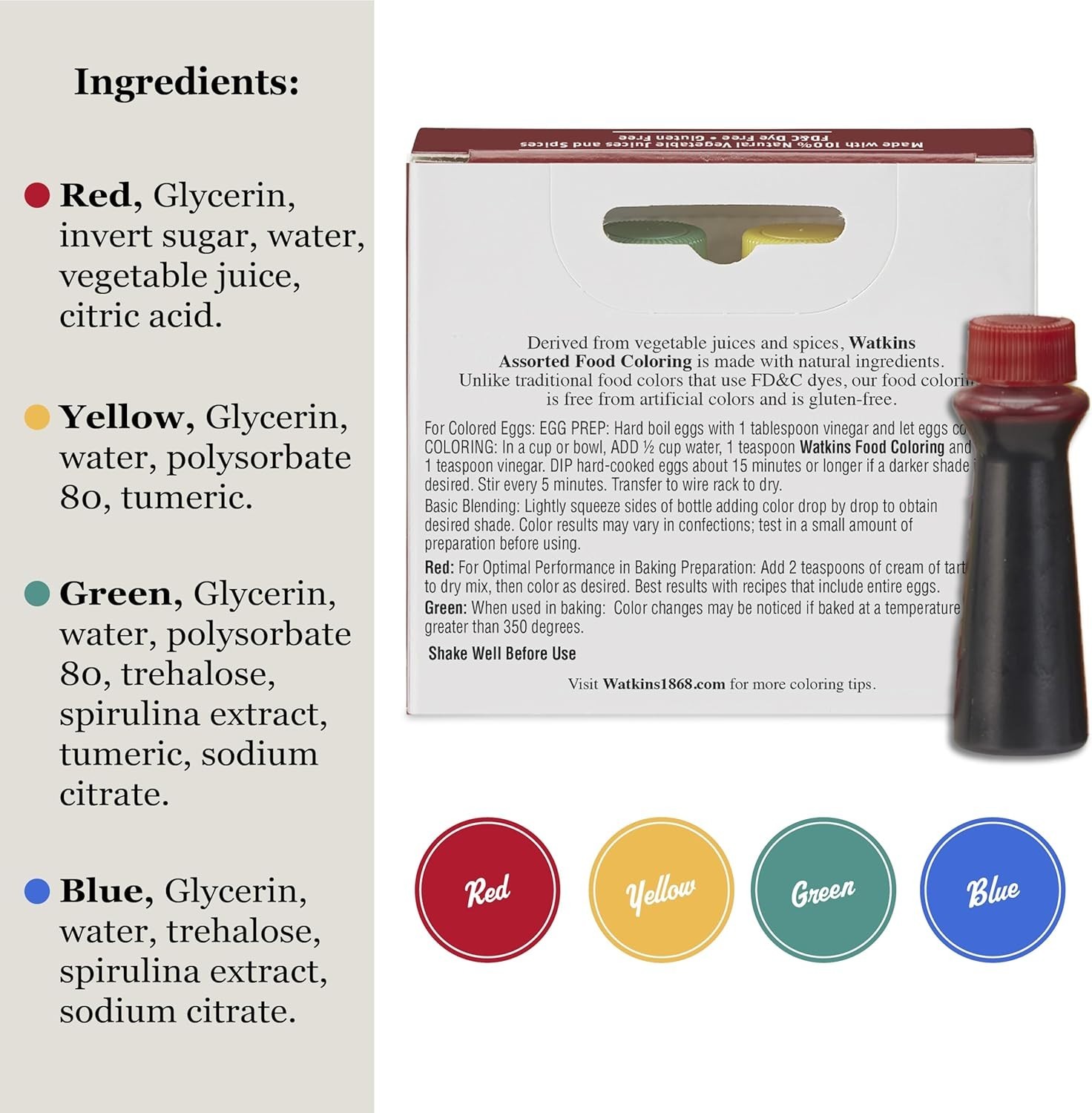 Natural Assorted Food Coloring – Red, Yellow, Green & Blue | 4 Bottles 0.3 oz