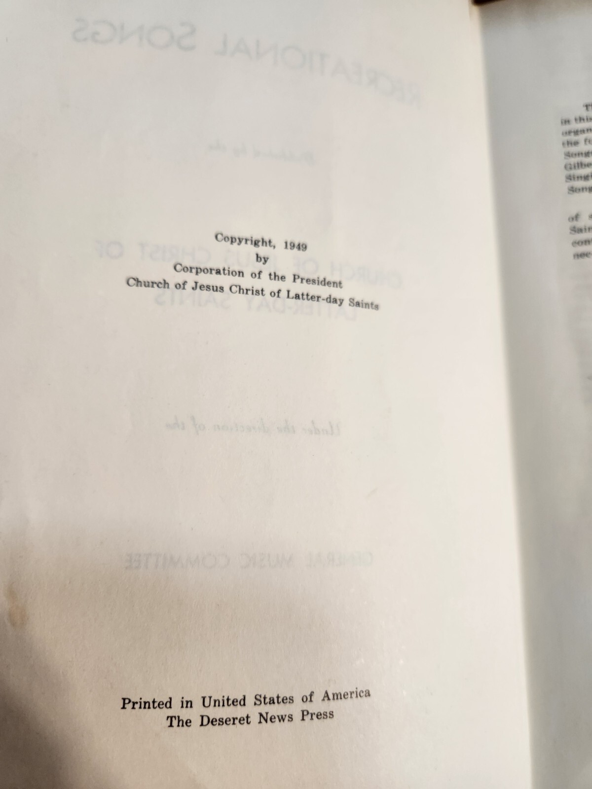 1949 Recreational Songs Mormon LDS General Music Committee Latter-day Saints EUC