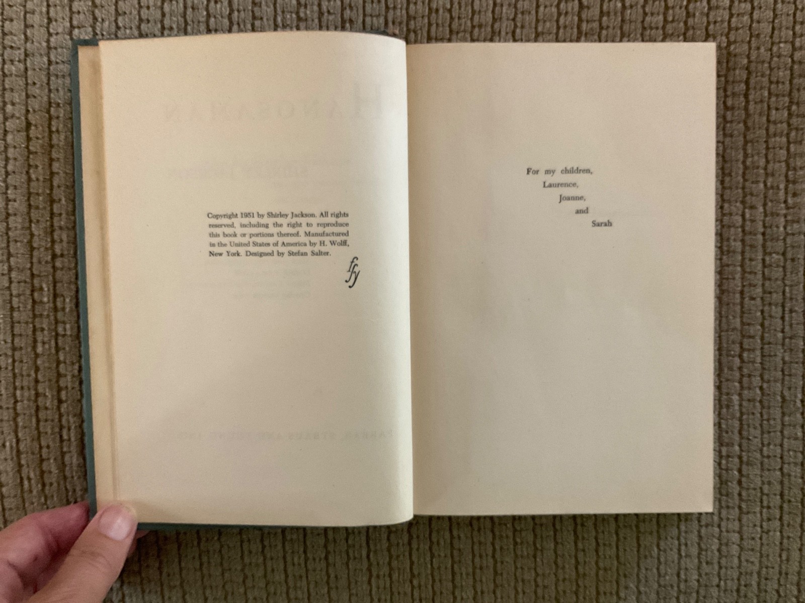 Shirley Jackson – Hangsaman, 1951, 1st Edition. Farrar, Straus and Young Inc. HC