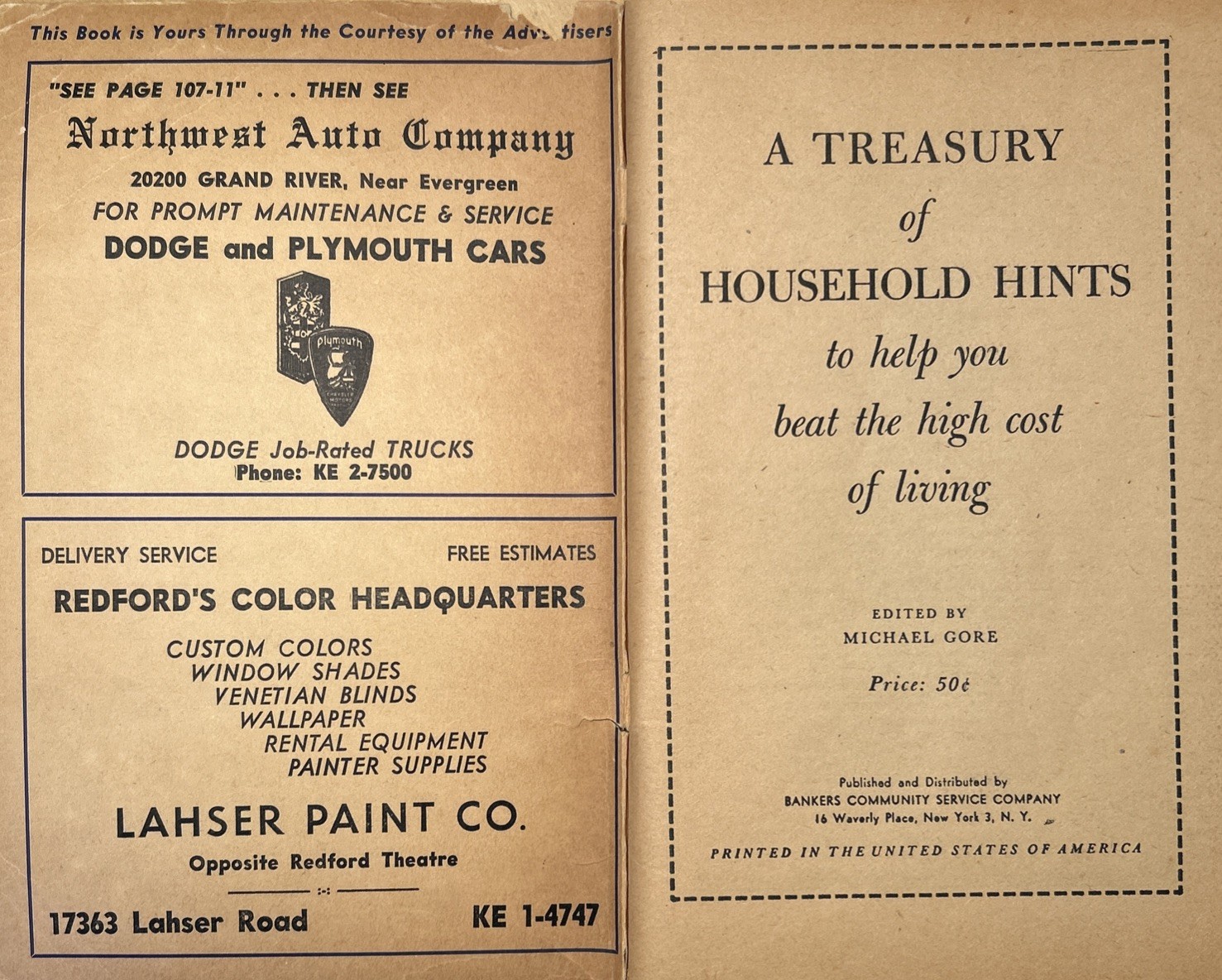 The Detroit Bank Vintage 1950s 1003 Household Hints Booklet Bank Promo