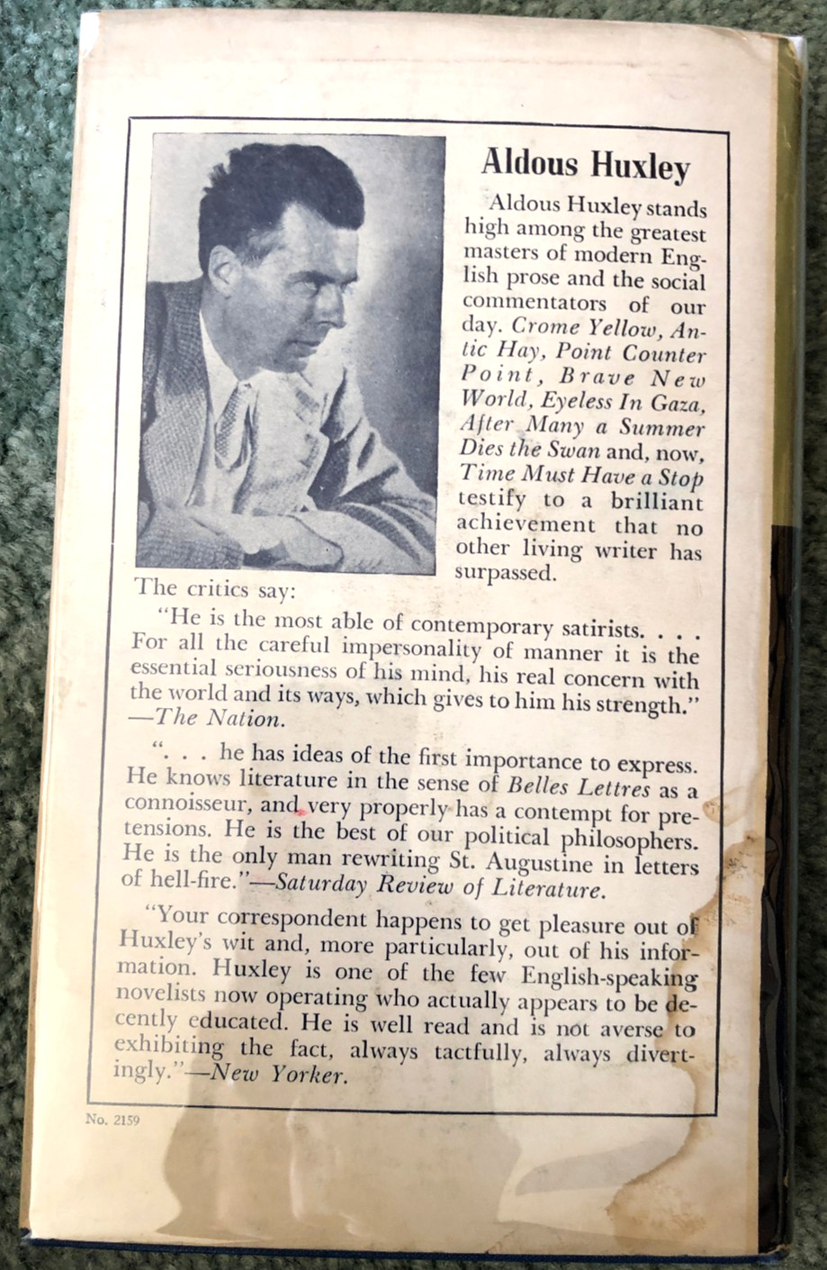 Time Must Have a Stop, Aldous Huxley, 1944 Harper and Brothers hardcover