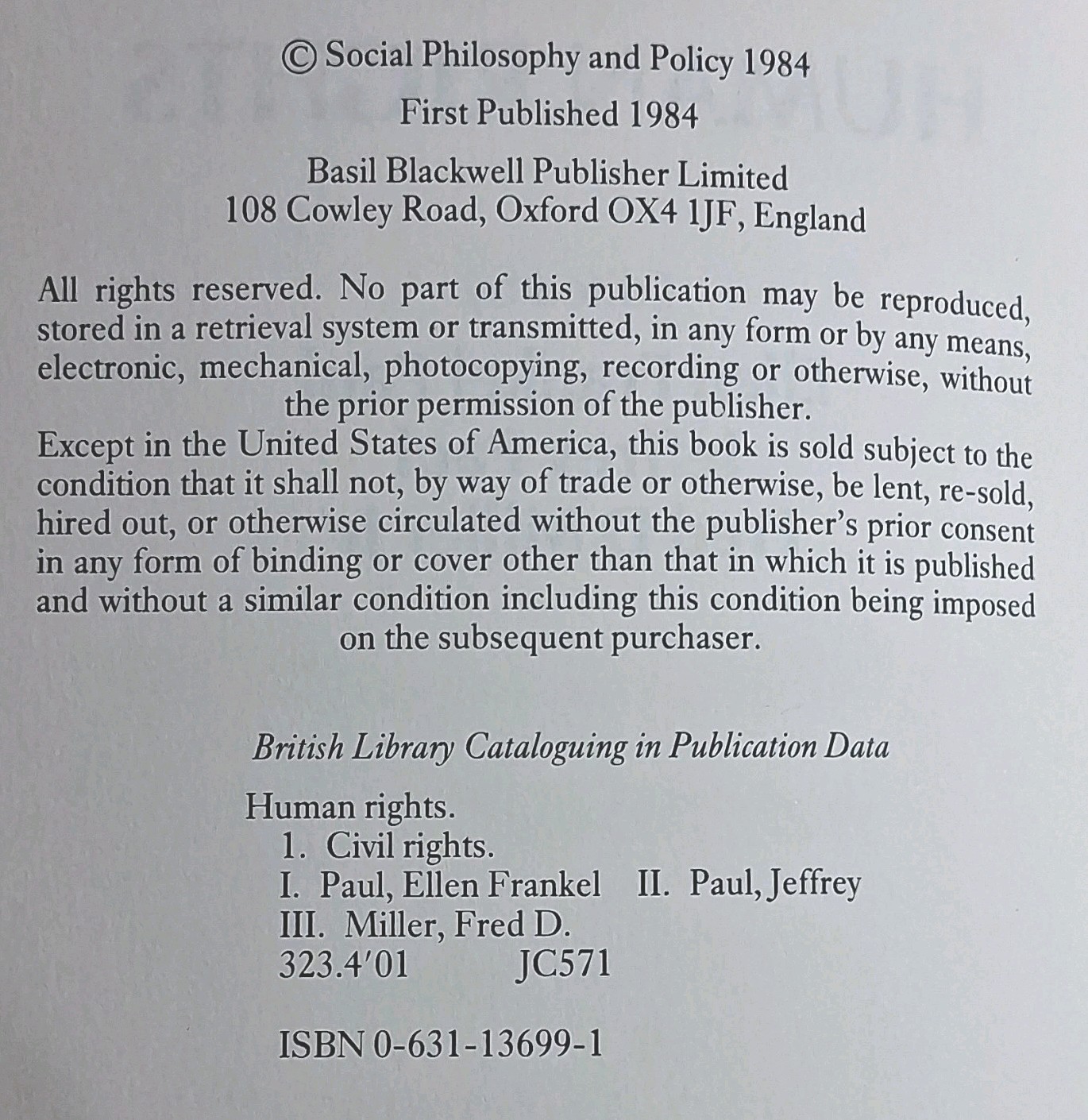 Human Rights 1984 Ellen Frankel Paul Jeffrey Paul Fred D Miller, Jr. Paperback