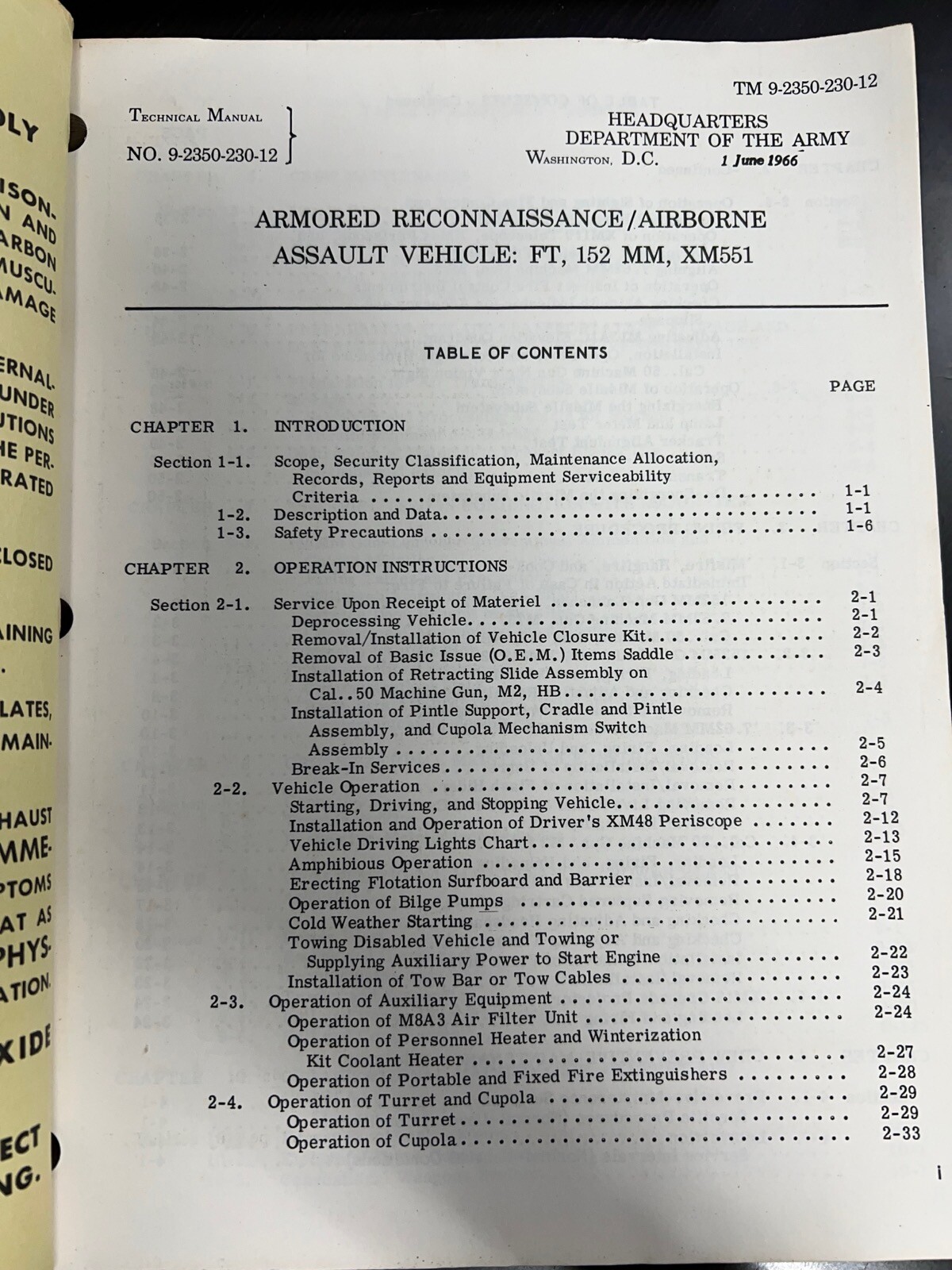 Department Army May 1968 Armored Reconnasissance Airborne Assult Vehicle 152-MM