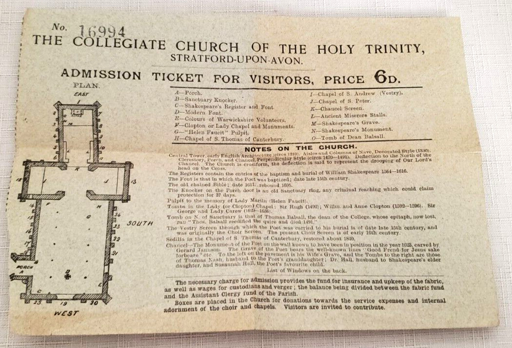 1910 CATALOGUE OF SHAKESPEARE BIRTHPLACE,Art,History, BIRTHPLACE Pamphlet/Ticket