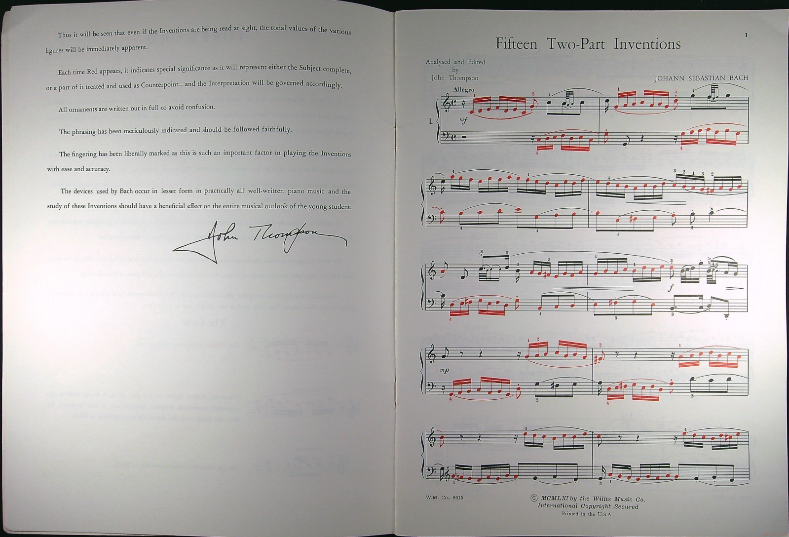J.S. Bach In Color Two-Part Inventions Piano John Thompson Vtg Music Book 479p