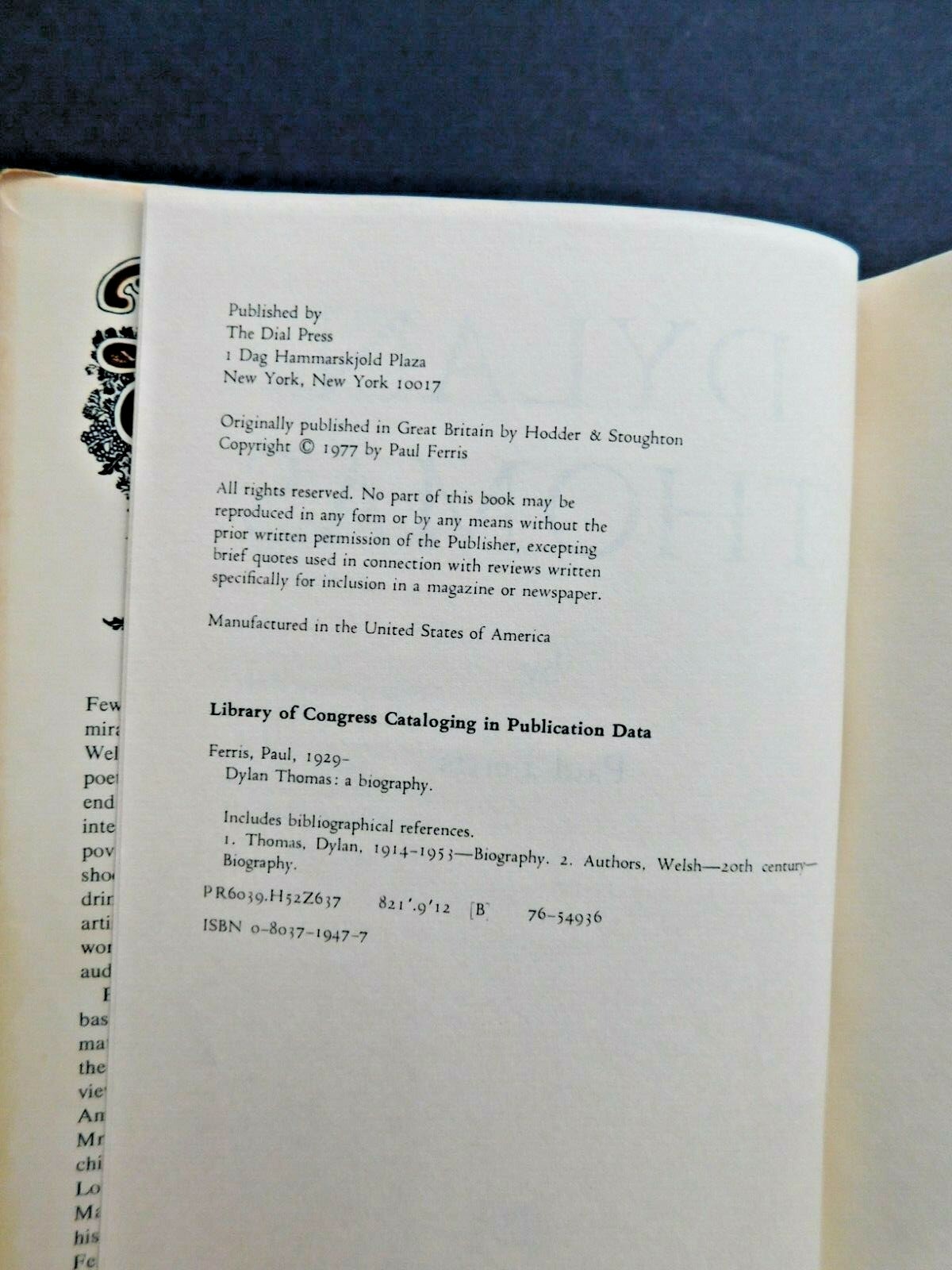 DYLAN THOMAS biography by Paul Ferris 1977 399 pages hardcover with jacket BCE