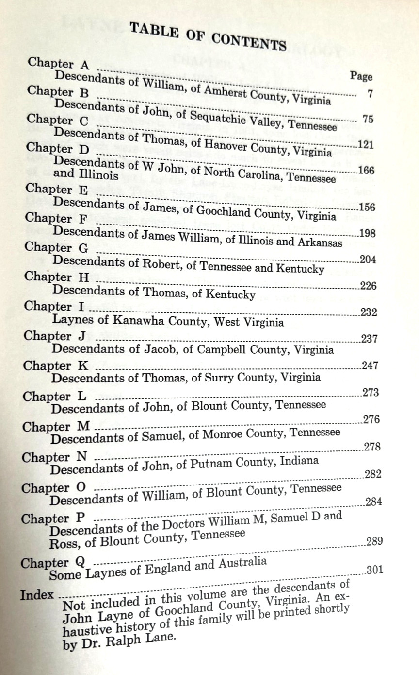 LAYNE LAIN LANE GENEALOGY by Floyd Benjamin Layne 1962 first edition 336 pages