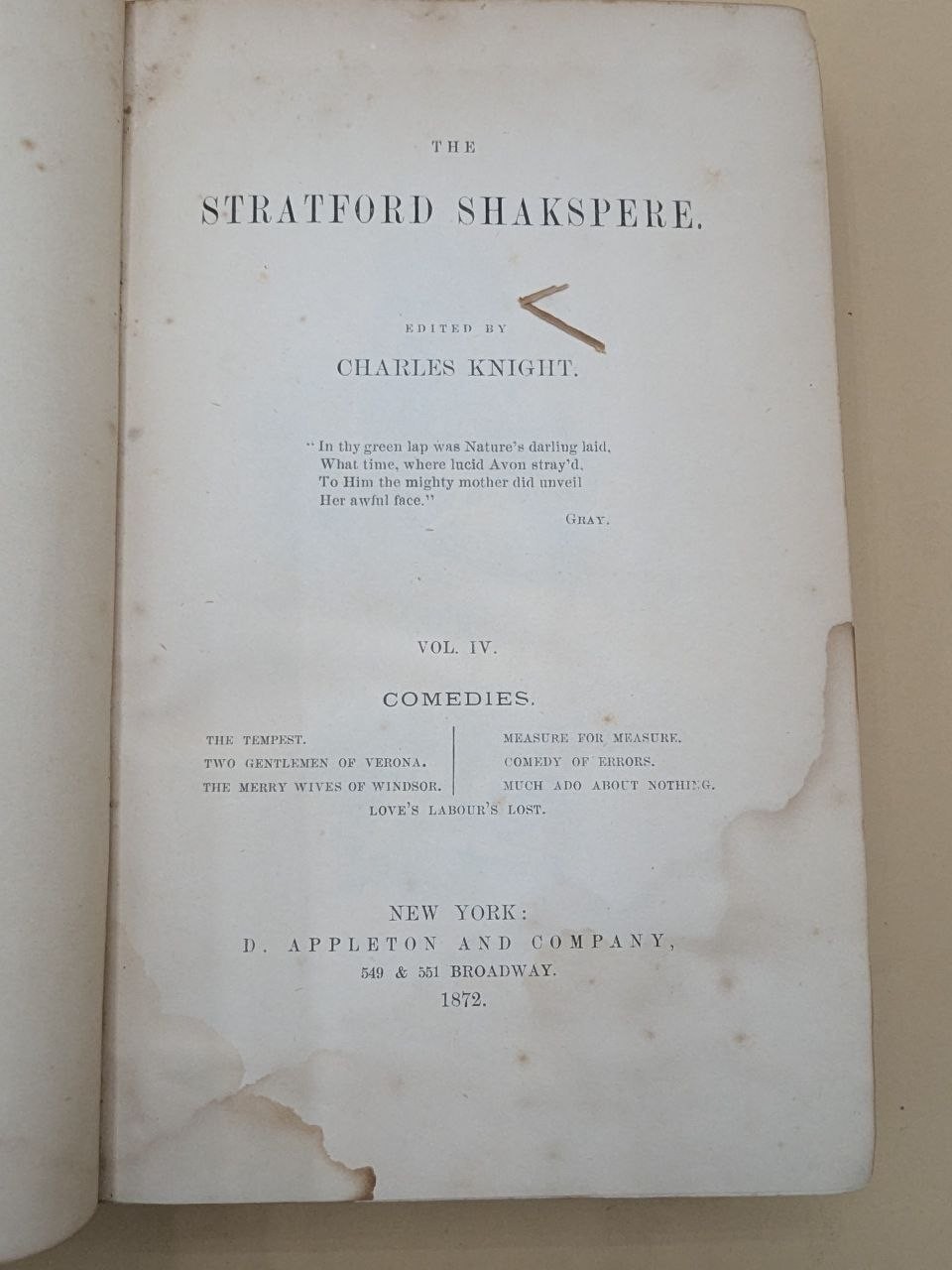 Stratford Shakspere Vol IV Comedies Charles Knight 1872 D Appleton NY – SR21