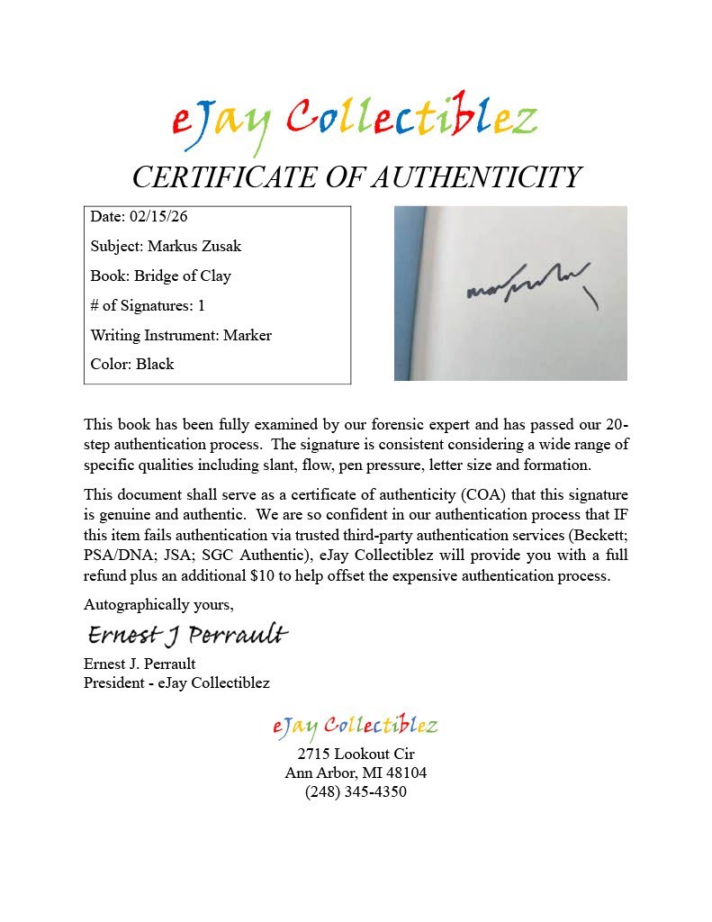 Markus Zusak SIGNED Bridge of Clay A Novel 2018 First Edition Hardcover COA