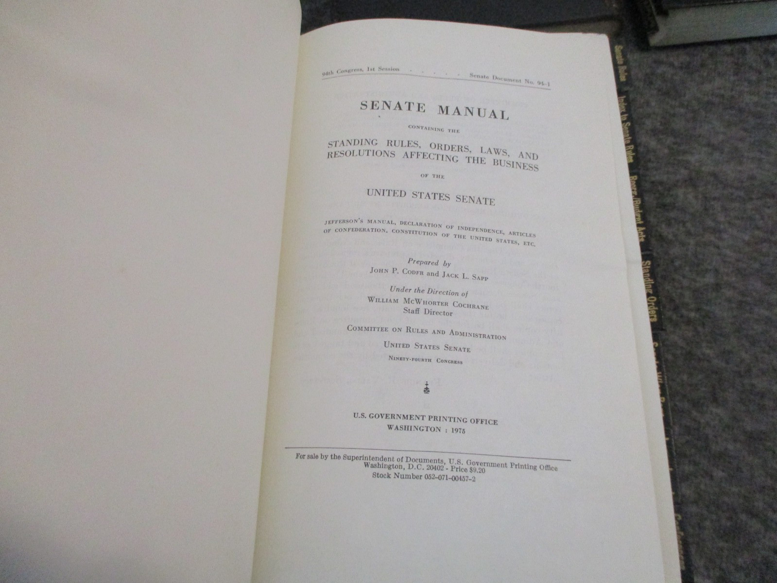 SENATE MANUAL(4) UNITED STATES RULES 1947-57-63-75 -SENATOR JOHN SPARKMAN ESTATE