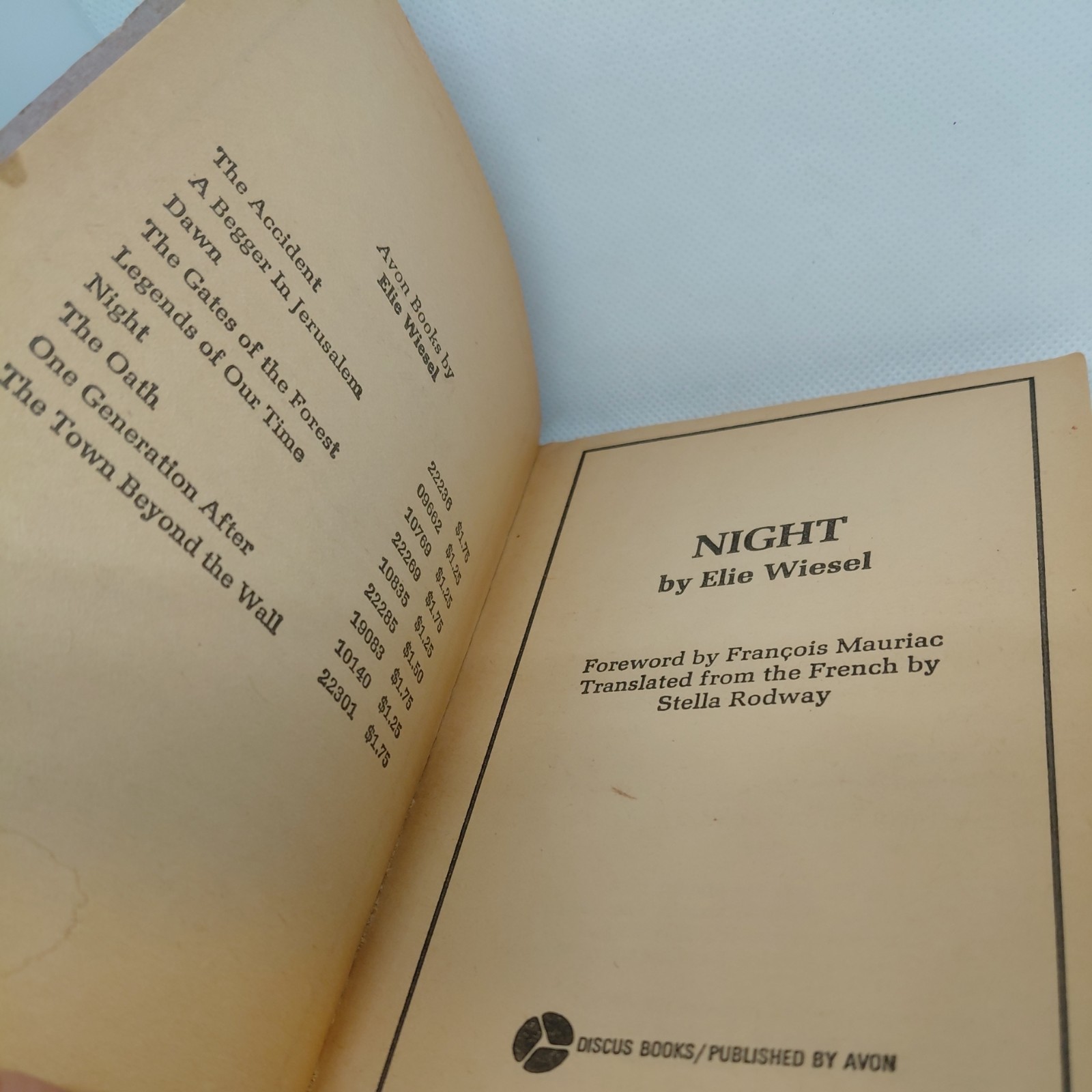 Night by Elie Wiesel Vintage Paperback Avon Books 1958 Good