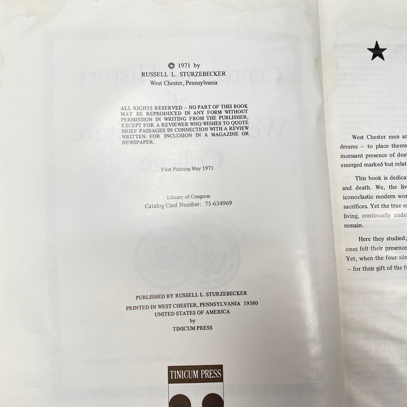 1971 Centennial History West Chester State College: Sturzebecker See Cpondition