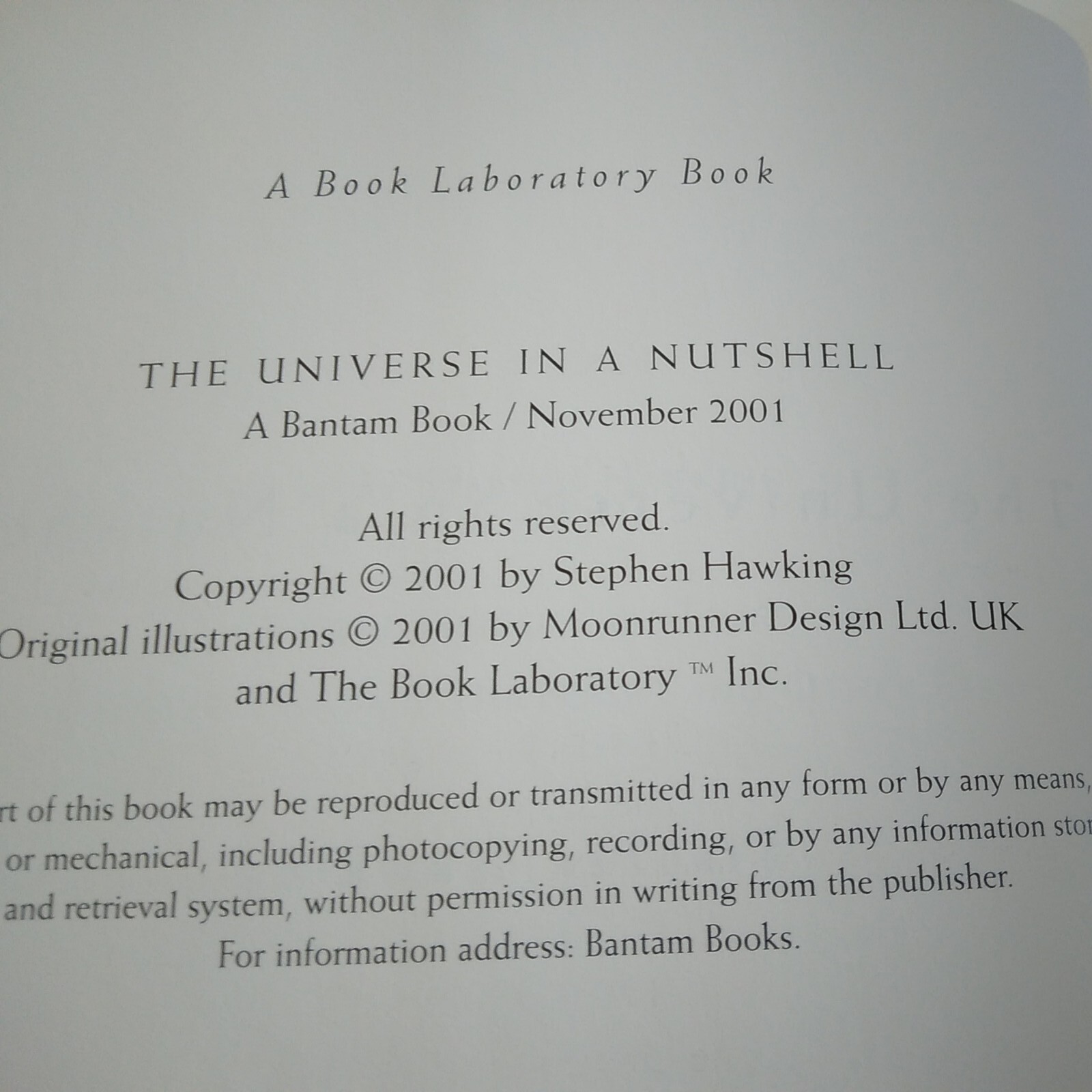 „The Universe In A Nutshell“-Stephen Hawking, Bantam 1st Ed./Print 2001 HC DJ VG