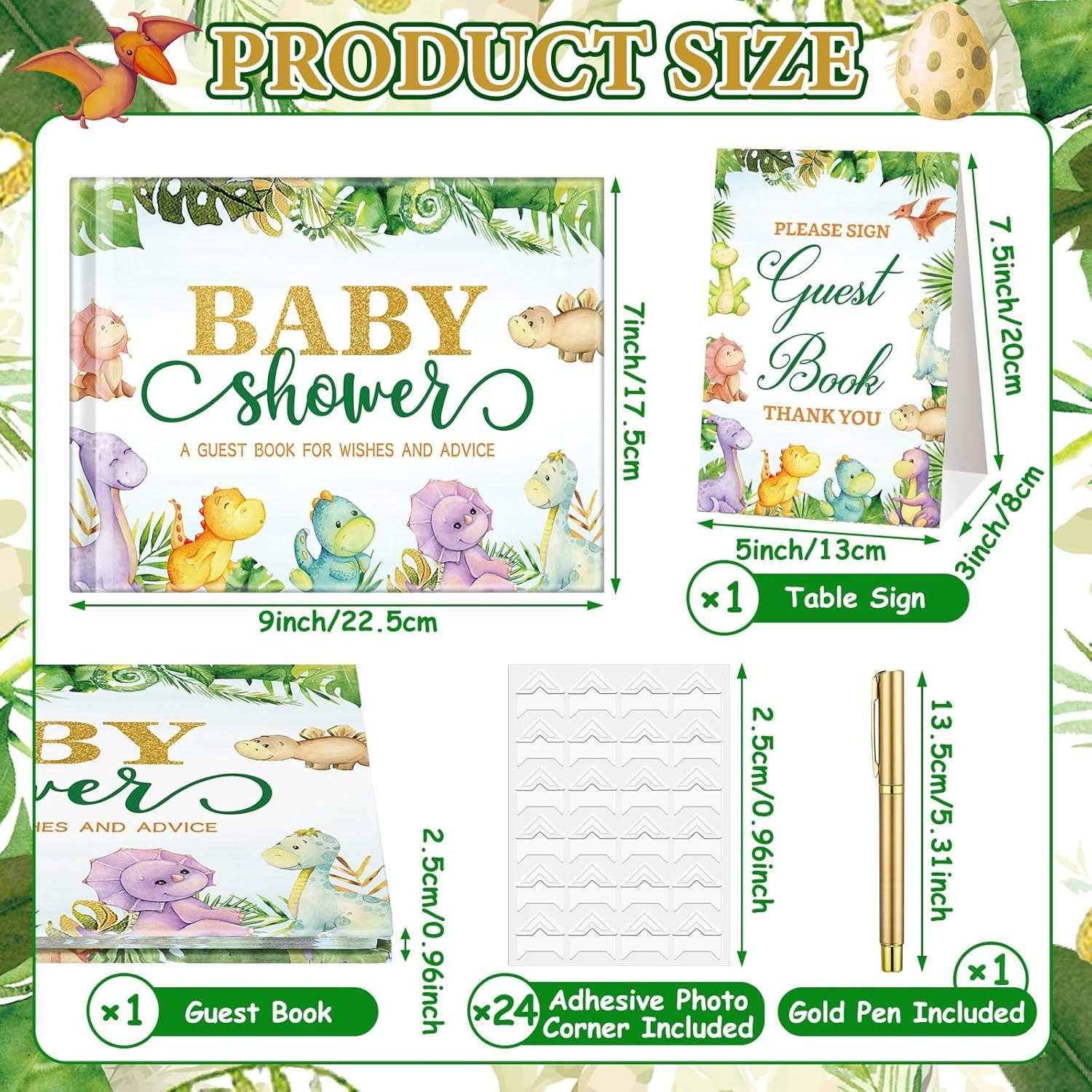 Delicate Dinosaur-Themed Baby Shower Guest Book with Golden Pen & Photo Corners