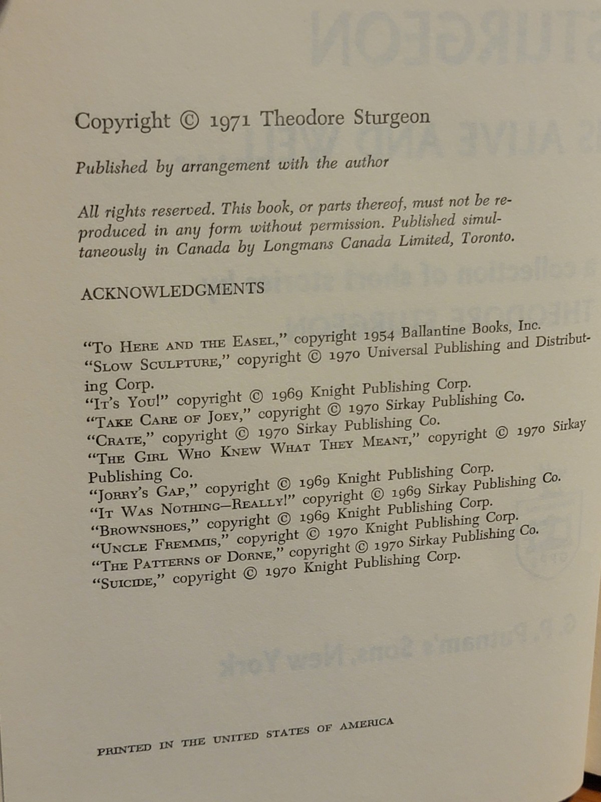 Sturgeon is Alive and Well Putnam 1971 Hard Cover Book Club Edition