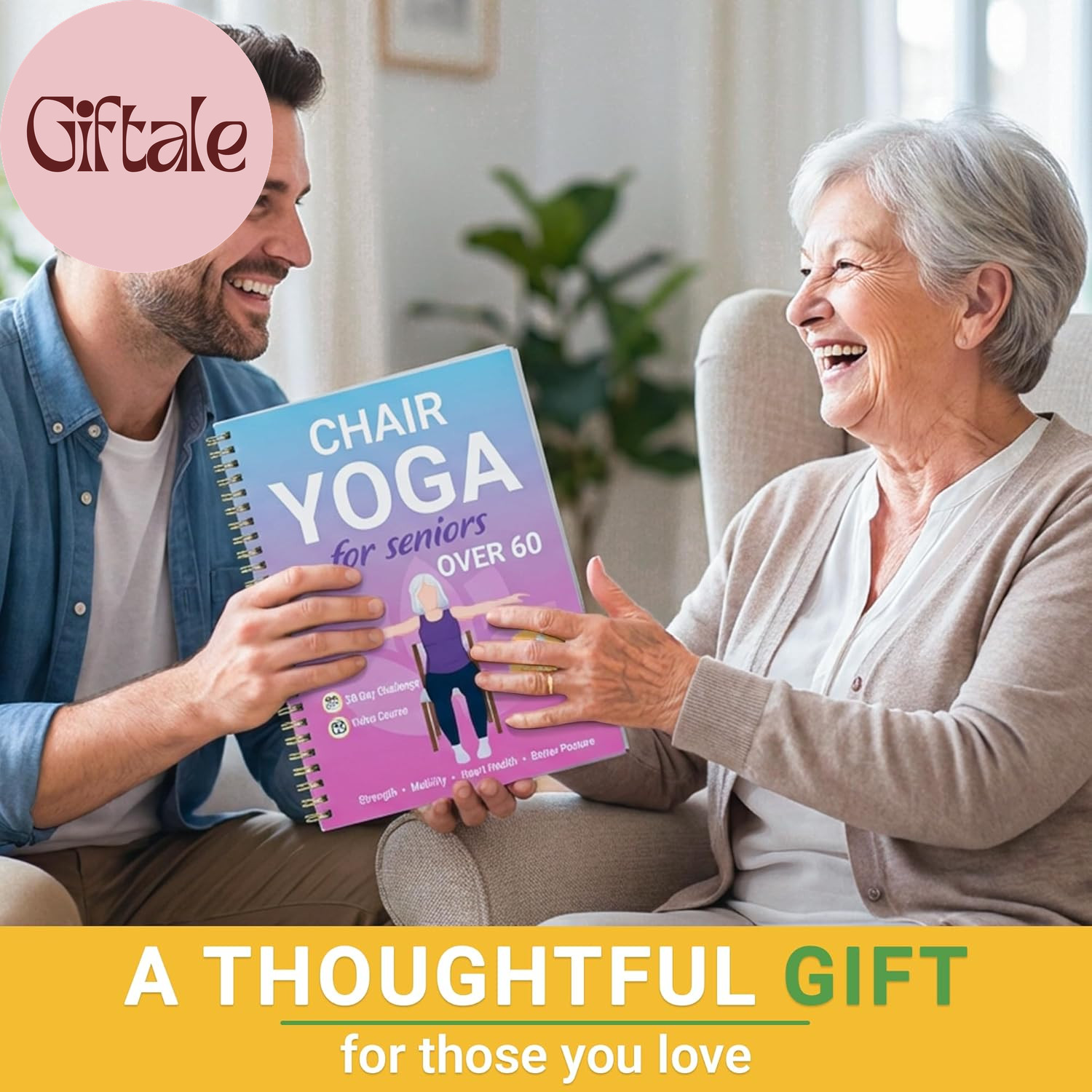 Chair Yoga for Seniors over 60 Book and Chart, 30 Poses with Video Guide, Spiral
