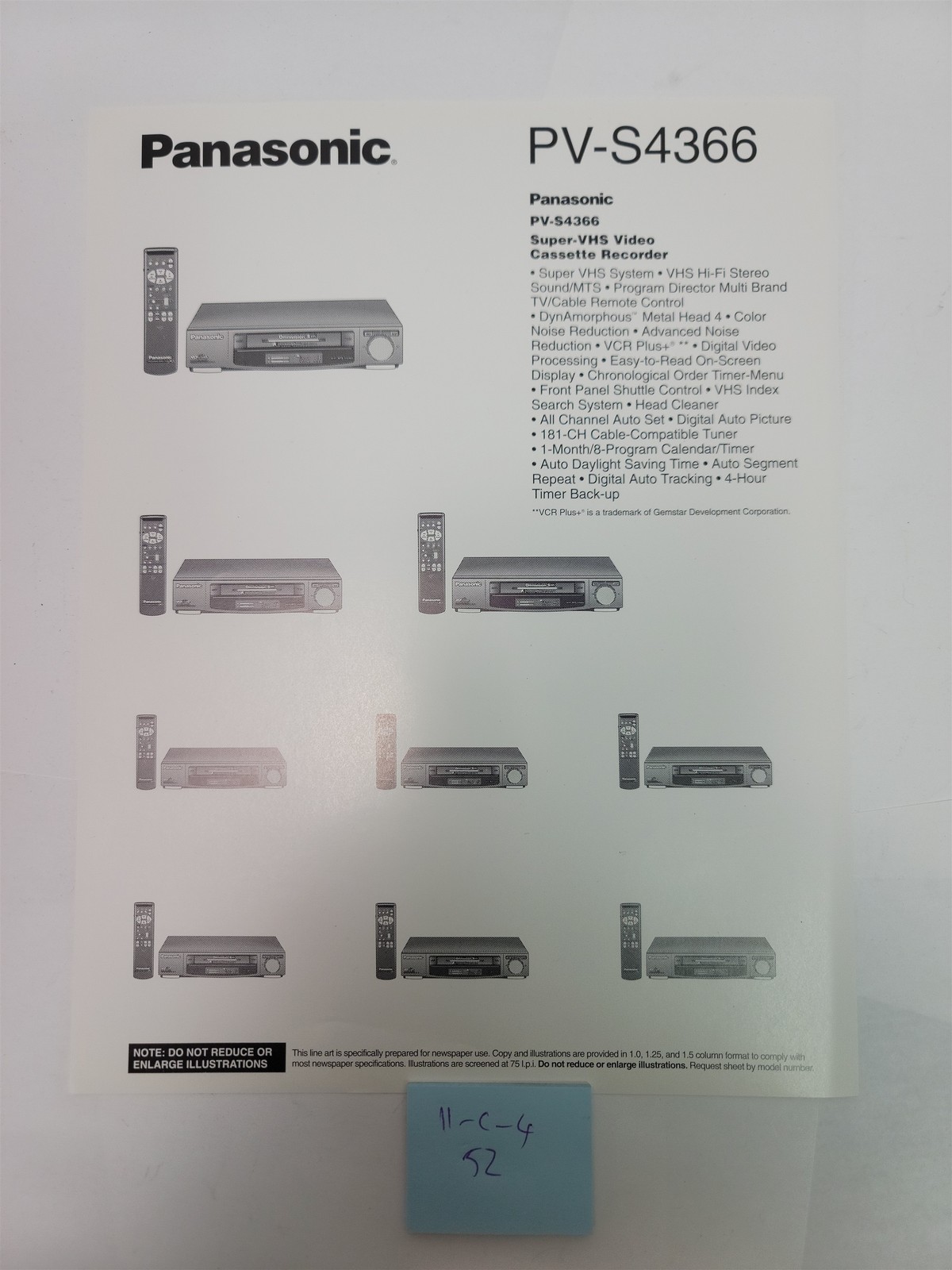 1990’s Panasonic PV-S4366 Super-VHS Video Cassette Recorder Line Art Brochure