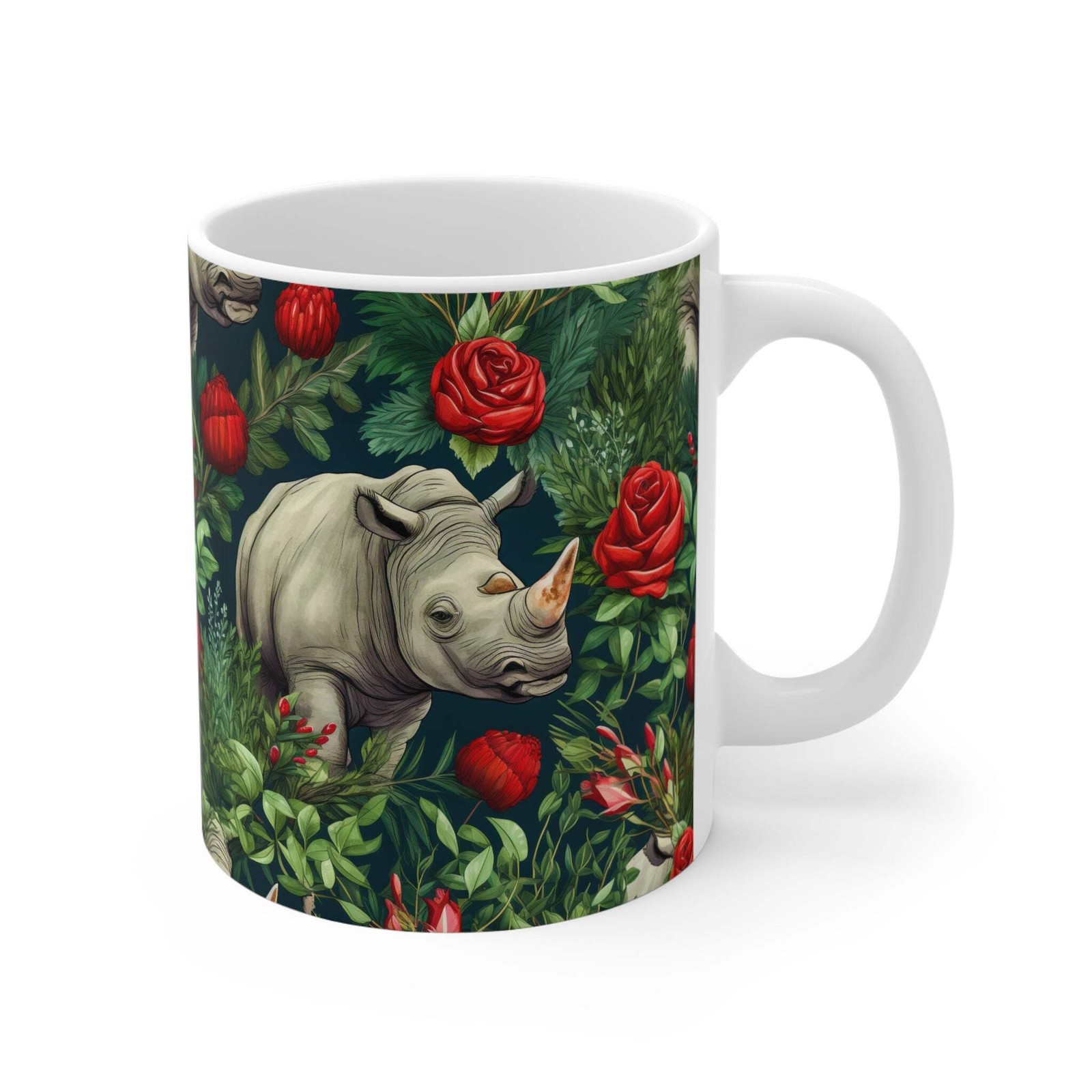 Floral Rhinoceros Coffee Mug | Two-Tone Rhino and Roses Mug – 11 oz.
