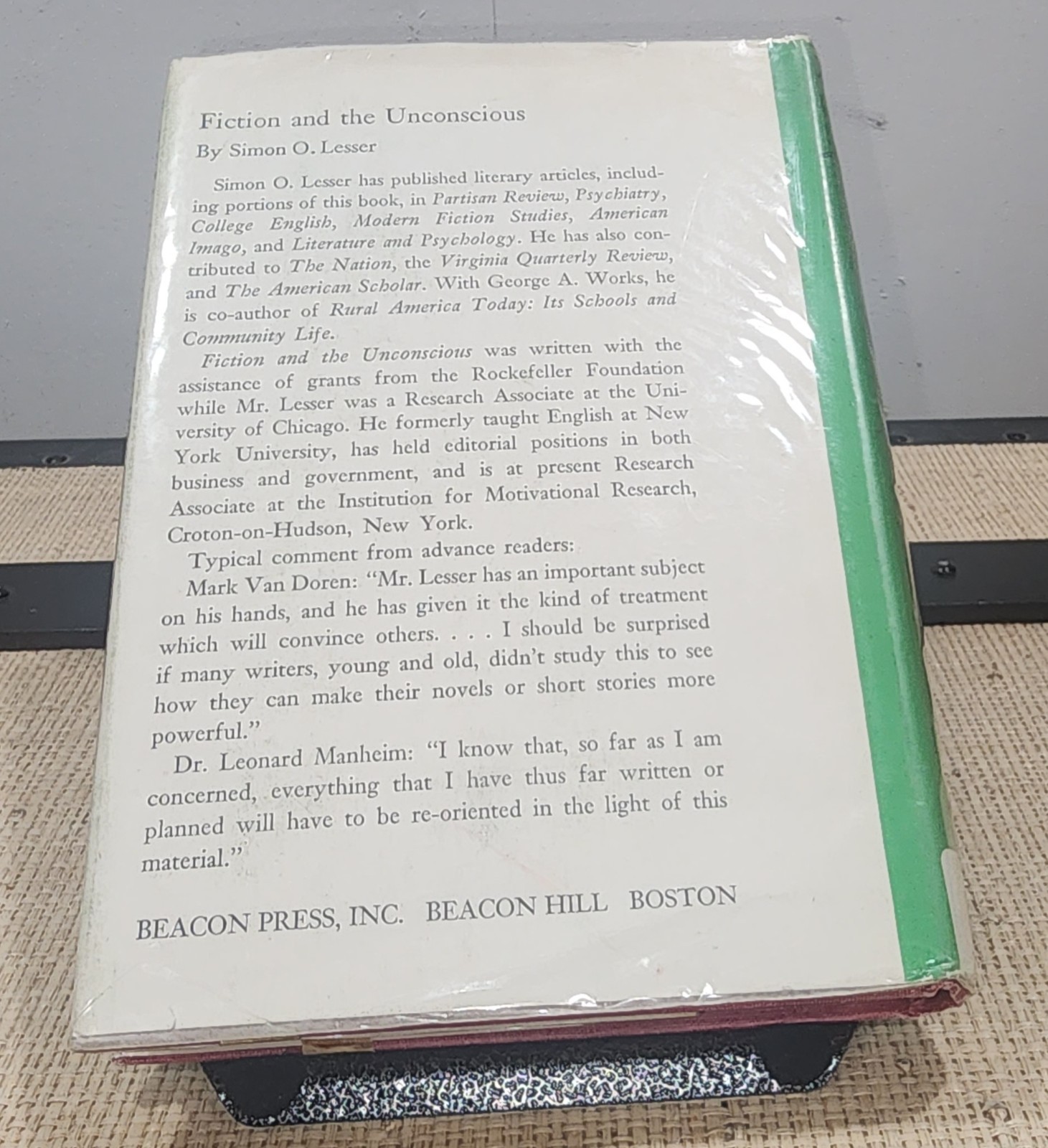 Fiction and the Unconscious by Simon O. Lesser – 1957 – 1st Edition HCDJ