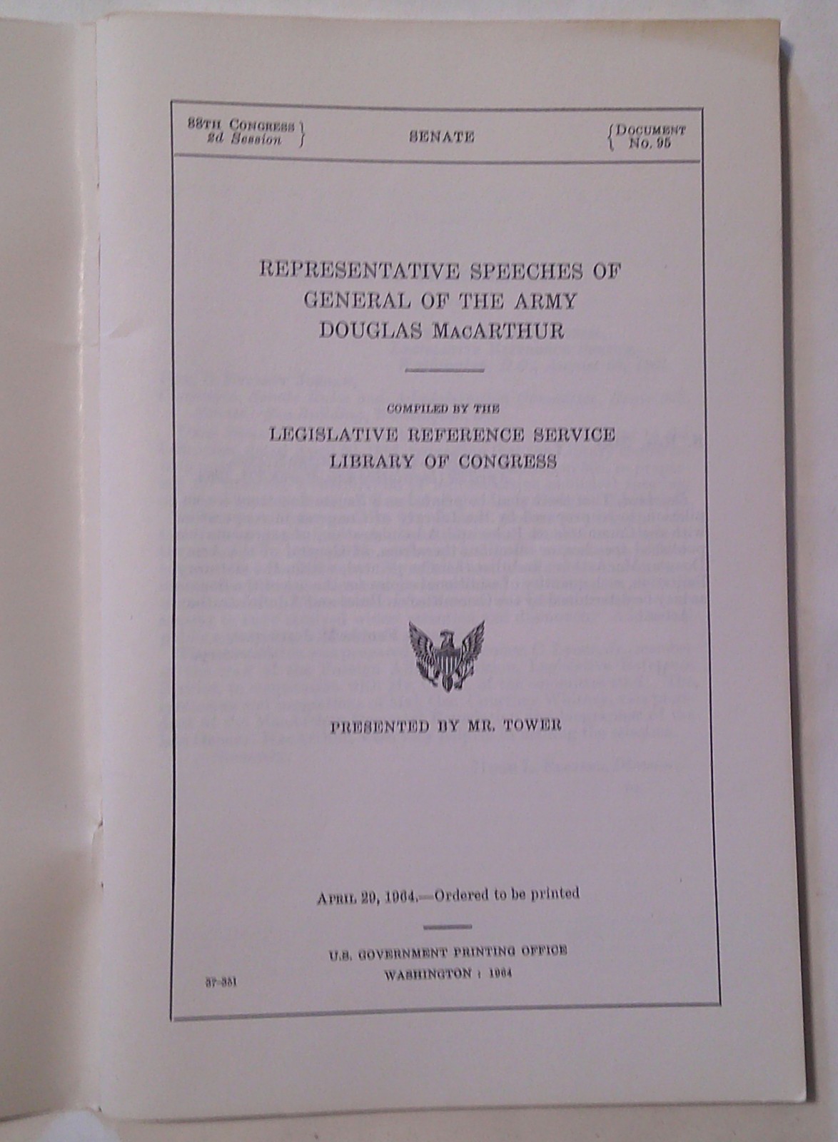 1974 SELECTED SPEECHES DOUGLAS MACARTHUR – Soft Cover Booklet 104 Pages