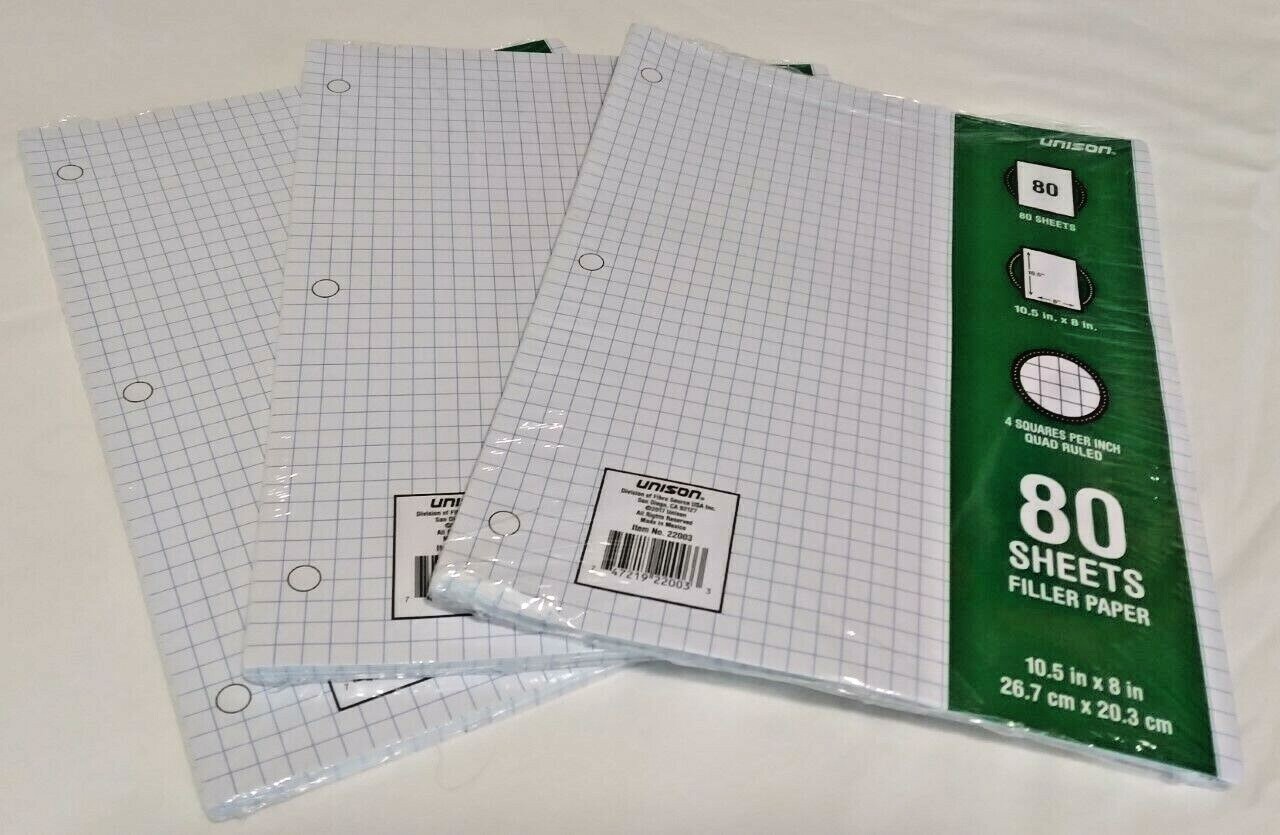 240 SHEET GRAPH RULED FILLER PAPER 4 SQUARES 10.5×8 IN RING 2 SIDED QUAD 3 PACK.