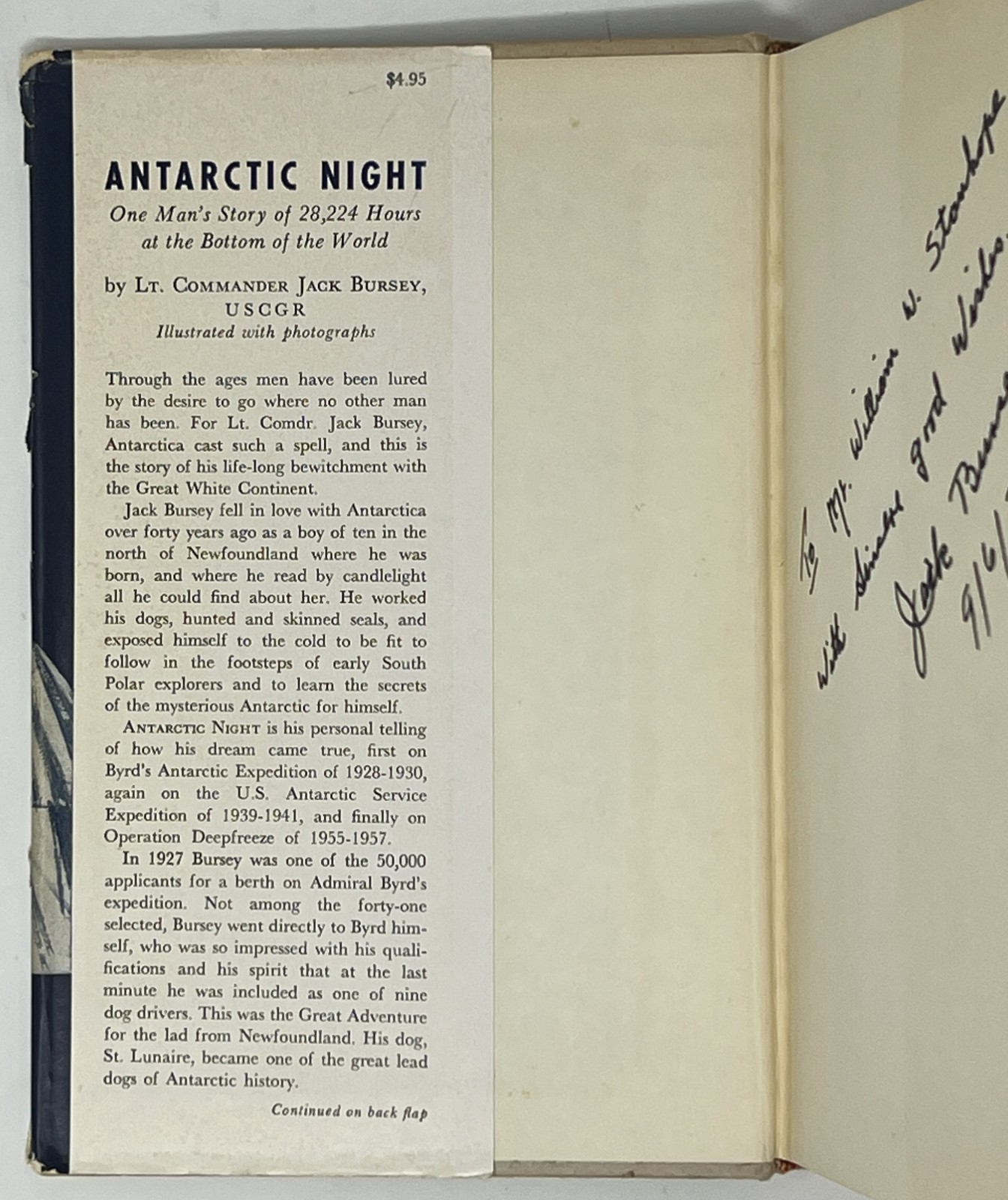 VTG HISTORY: SIGNED Antarctic Night by Jack Bursey – 1957 HC/DJ Pub Rand McNally