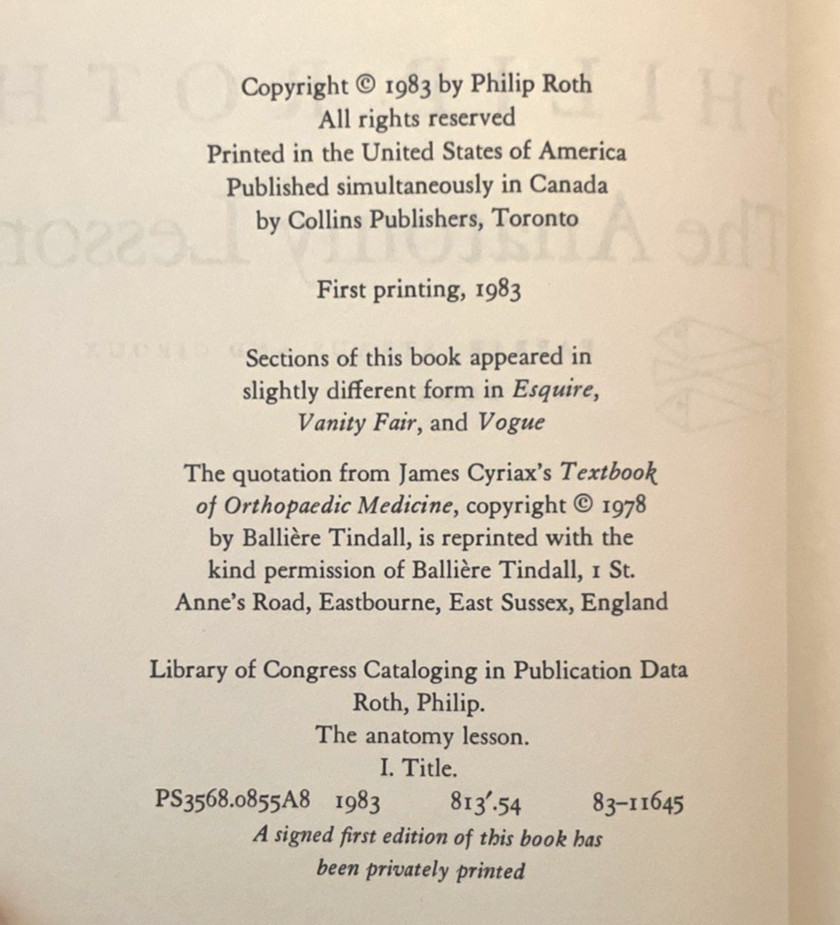 The Anatomy Lesson Philip Roth 1983 1st Edition 1st Print Hardcover Dust Jacket