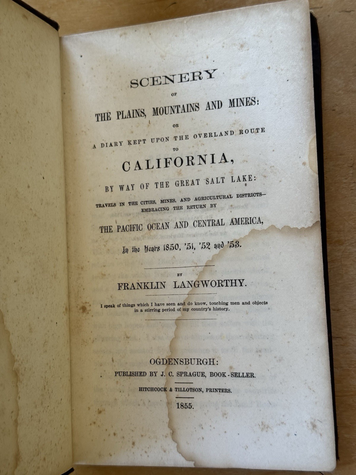 SCENERY OF THE PLAINS, MOUNTAINS & MINES BY FRANKLIN LANGWORTHY 1855 1st Edition