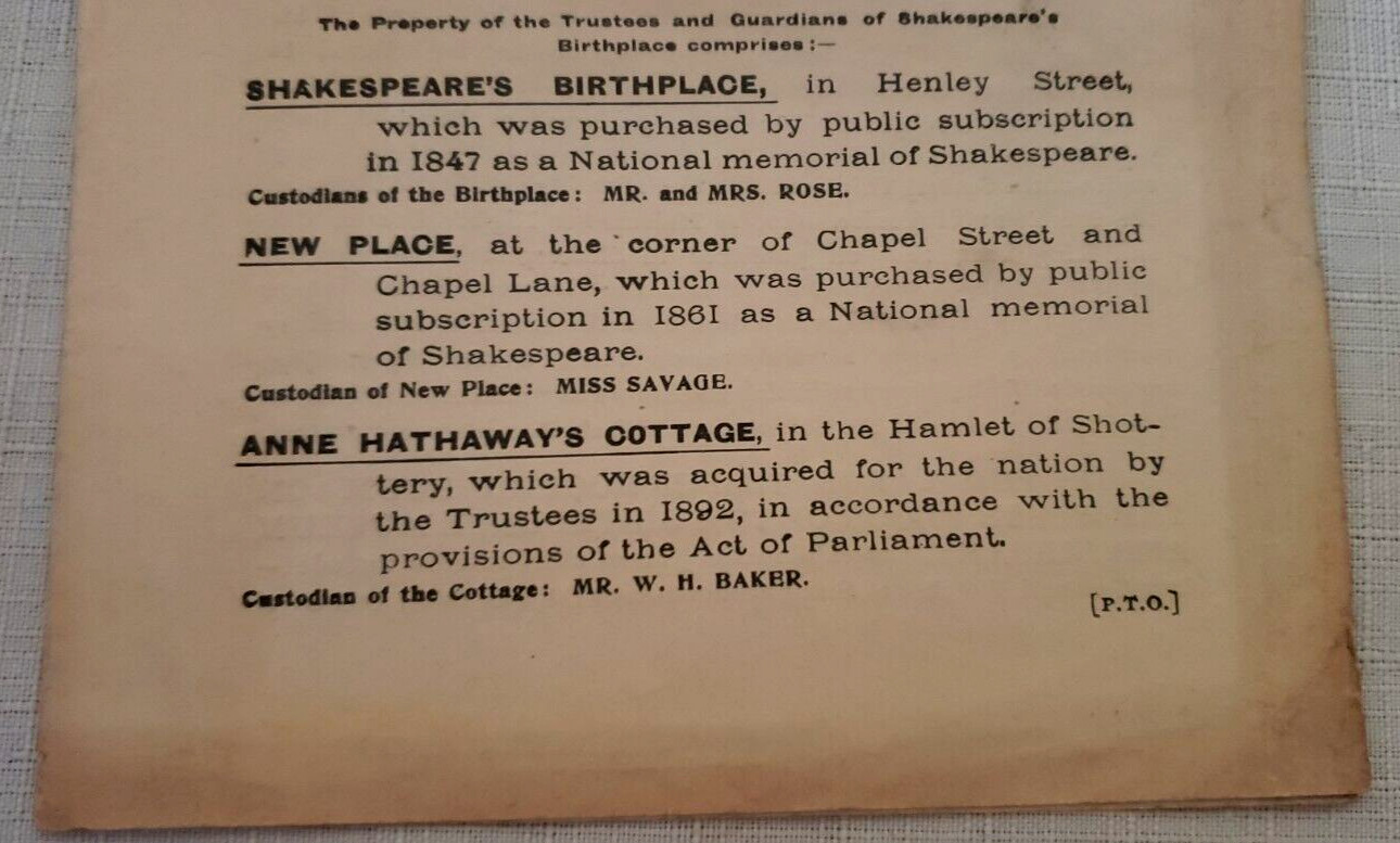 1910 CATALOGUE OF SHAKESPEARE BIRTHPLACE,Art,History, BIRTHPLACE Pamphlet/Ticket
