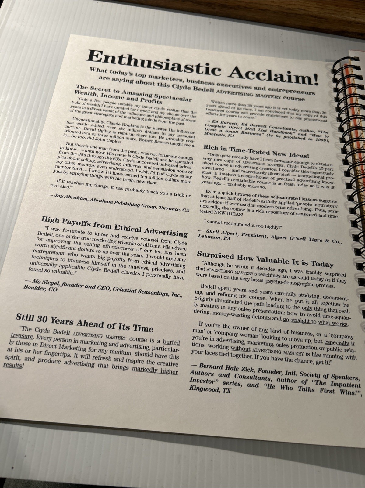 ADVERTISING MASTERY by Clyde Bedell – C. 1996 Lrg. Format – Spiral Bound RARE!!!