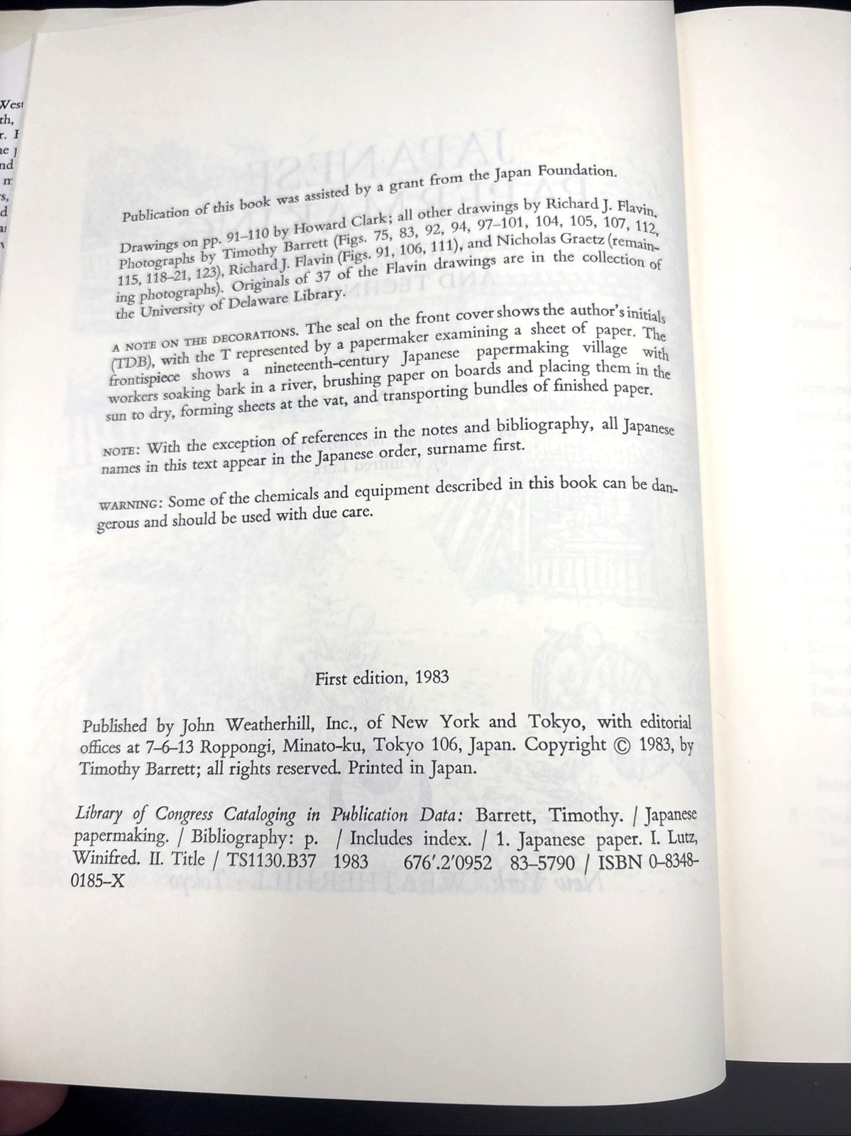 Japanese Papermaking Hardcover 1983 First Edition Weatherhill Timothy Barrett