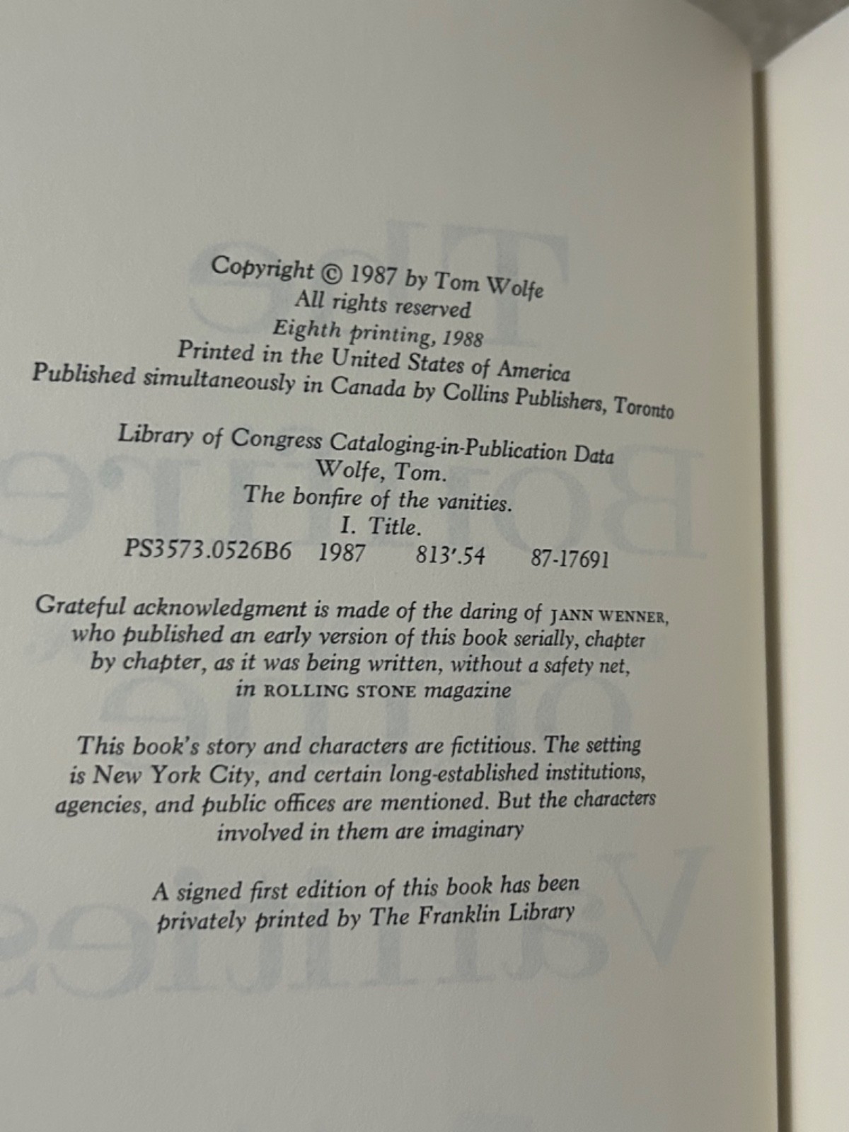 Tom Wolfe The Bonfire Of The Vanities Hardcover 8th Printing 1988 Vintage Book