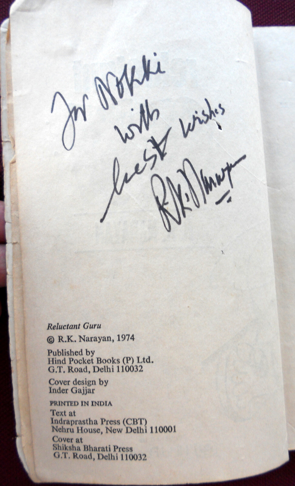 Reluctant Guru First Edition 1974 R K Narayan Signed Rare book only signed copy