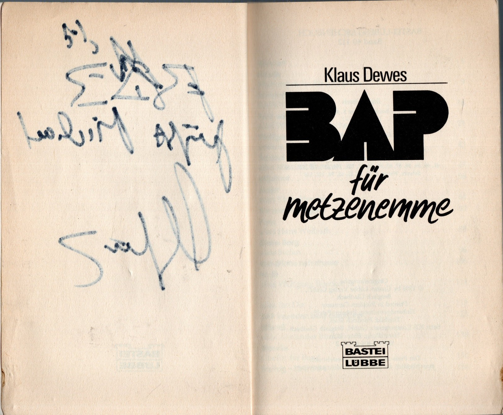 BAP für metzenemme – Klaus Dewes – Buch mit Autogramm W. Niedecken !!